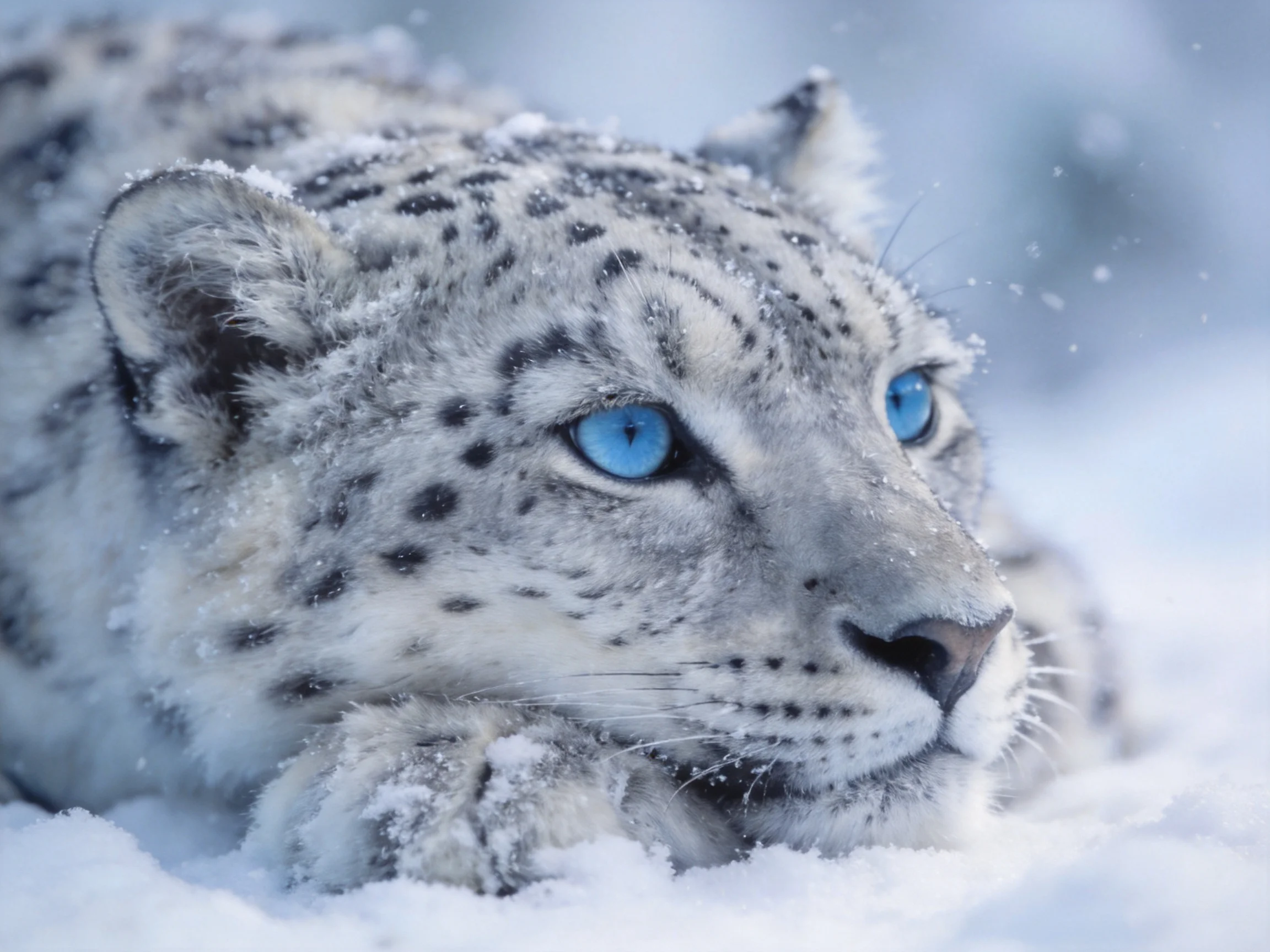 A snow leopard with vivid blue eyes rests in snowy surroundings