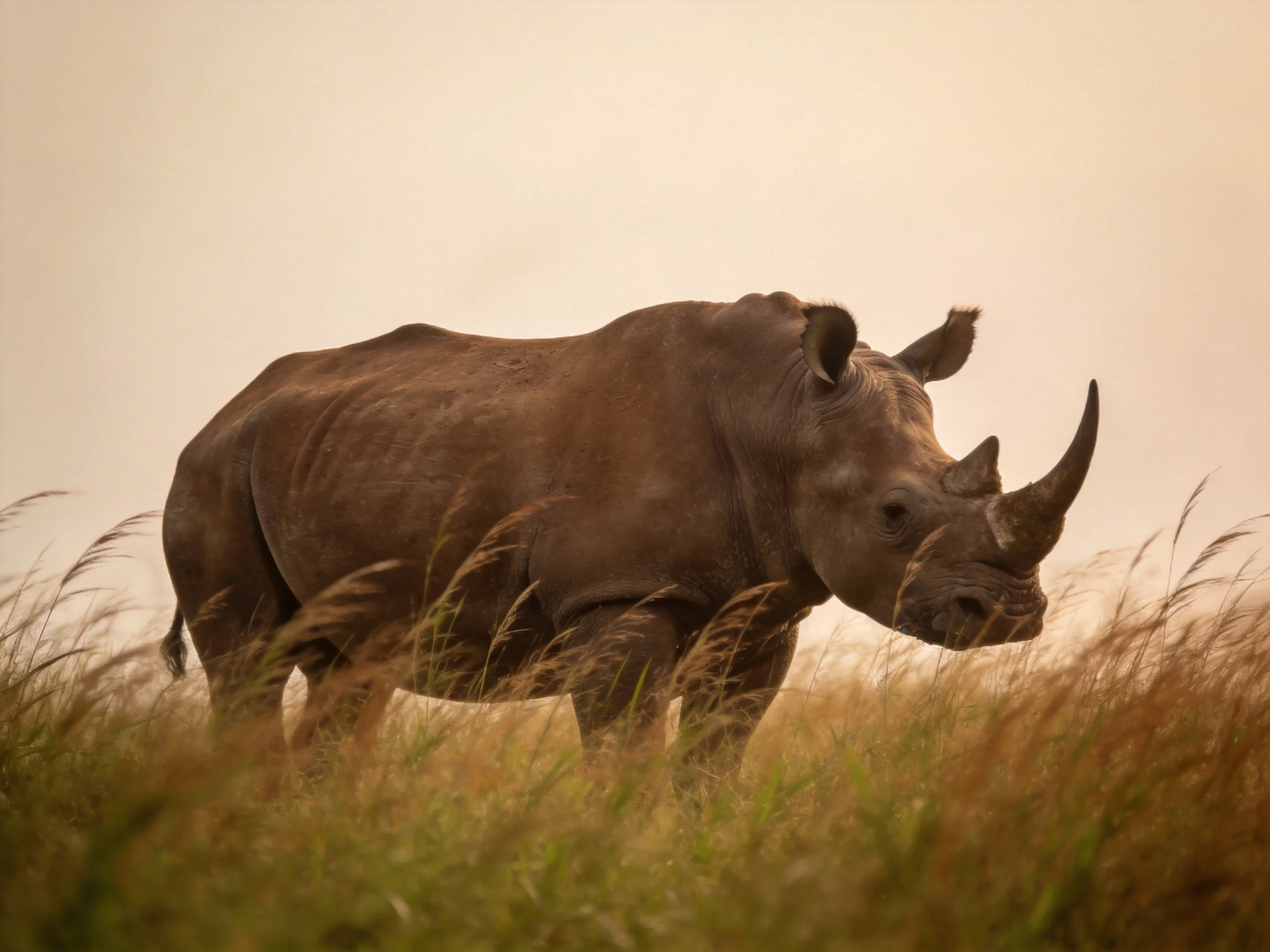 A solitary brown rhinoceros amid tall golden grasses