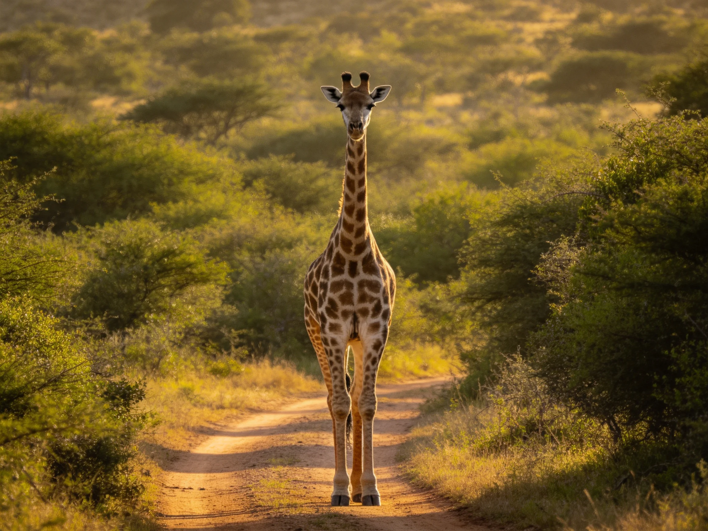 A solitary giraffe stands on a sunlit dirt path surrounded by lush greenery