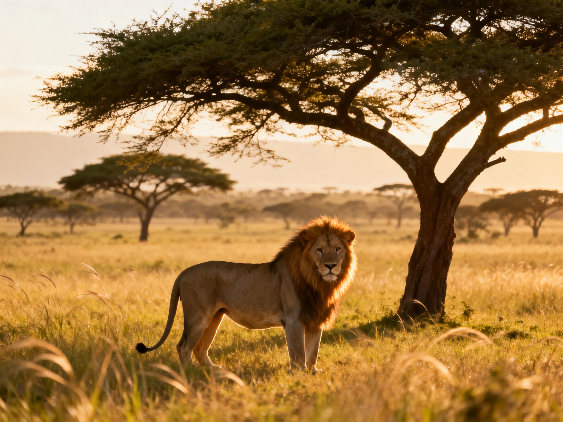 A solitary lion stands beneath a sprawling acacia tree in golden savannah