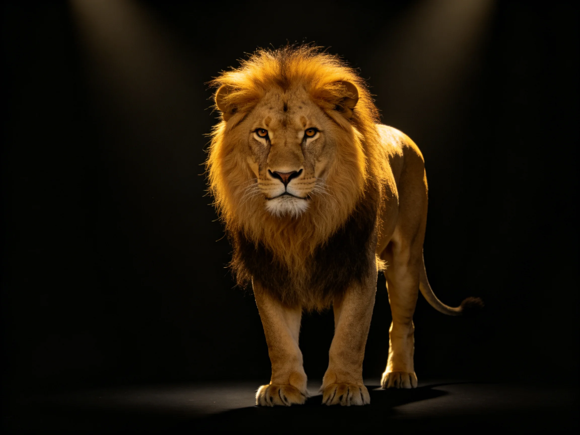 A solitary male lion with a golden mane stands in a dark setting