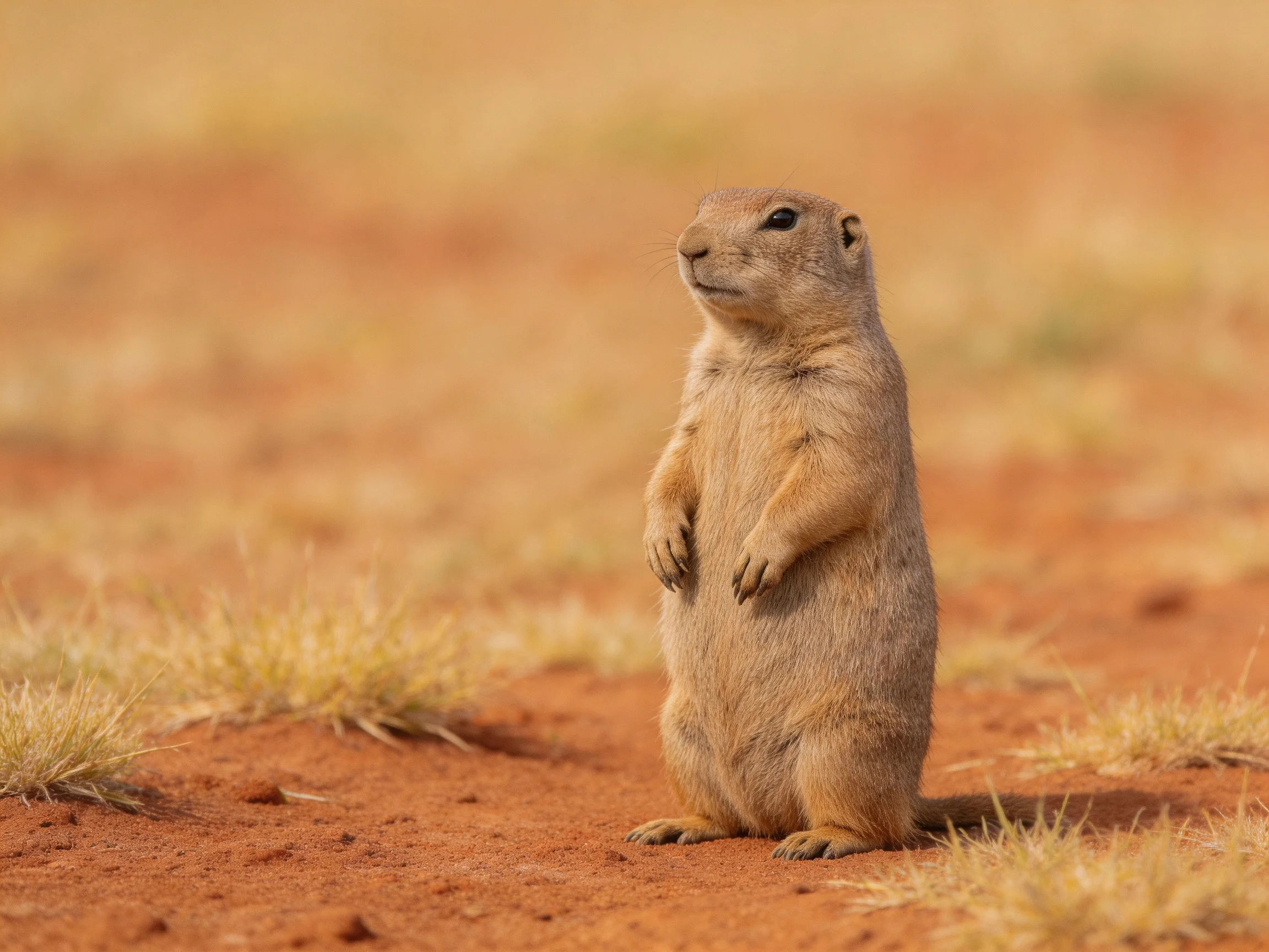 A solitary prairie dog stands on reddish earth amid dry grass
