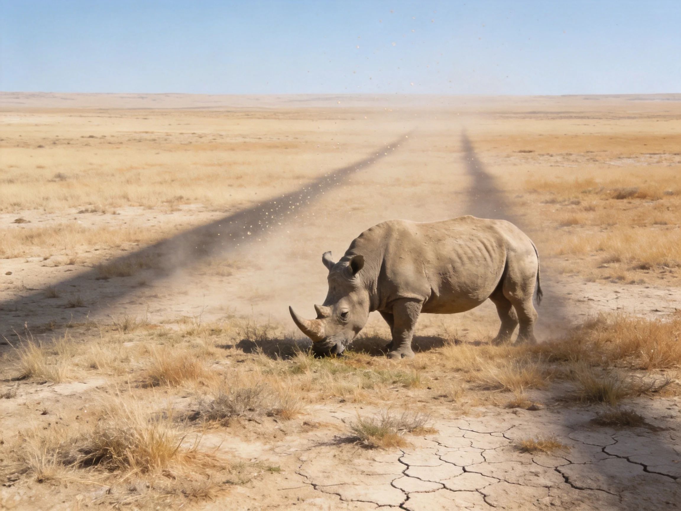 A solitary rhinoceros grazing near dusty desert paths