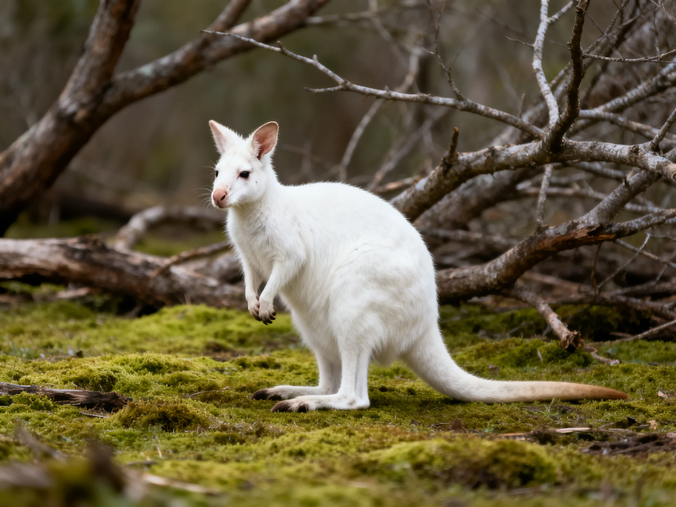 A white wallaby stands alone on mossy ground near bare branches.