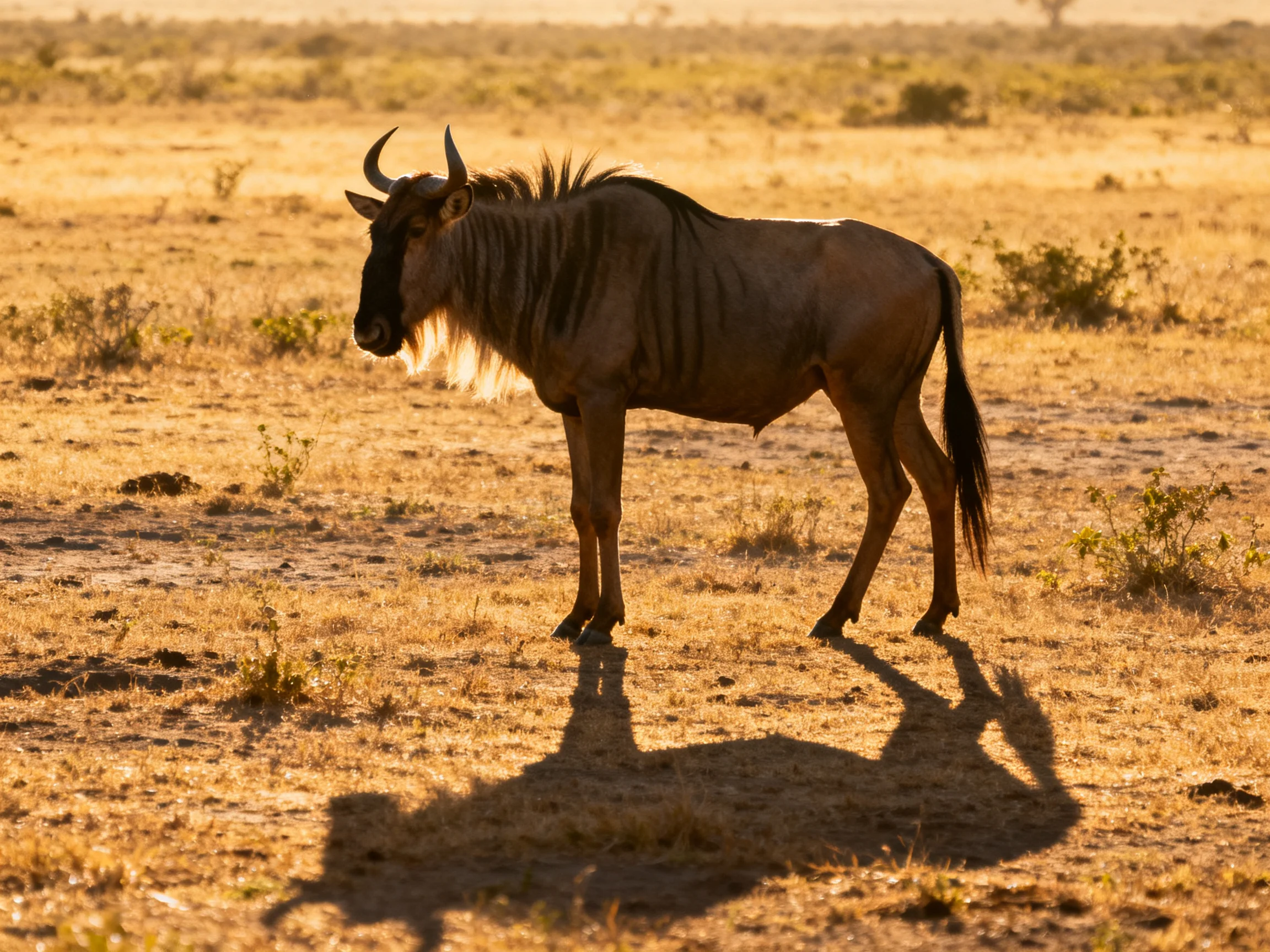 A solitary wildebeest in a sunlit savannah landscape