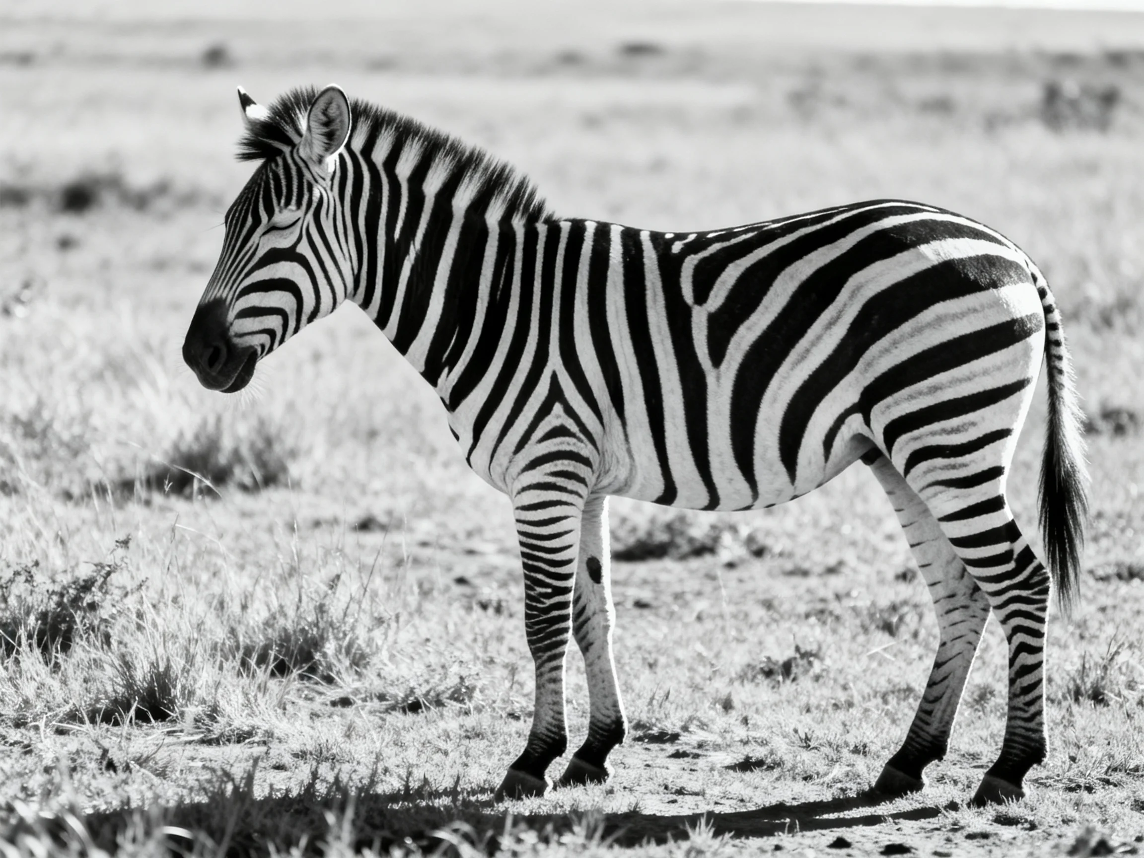 A single zebra stands calmly among sparse grasses in a wide-open landscape.