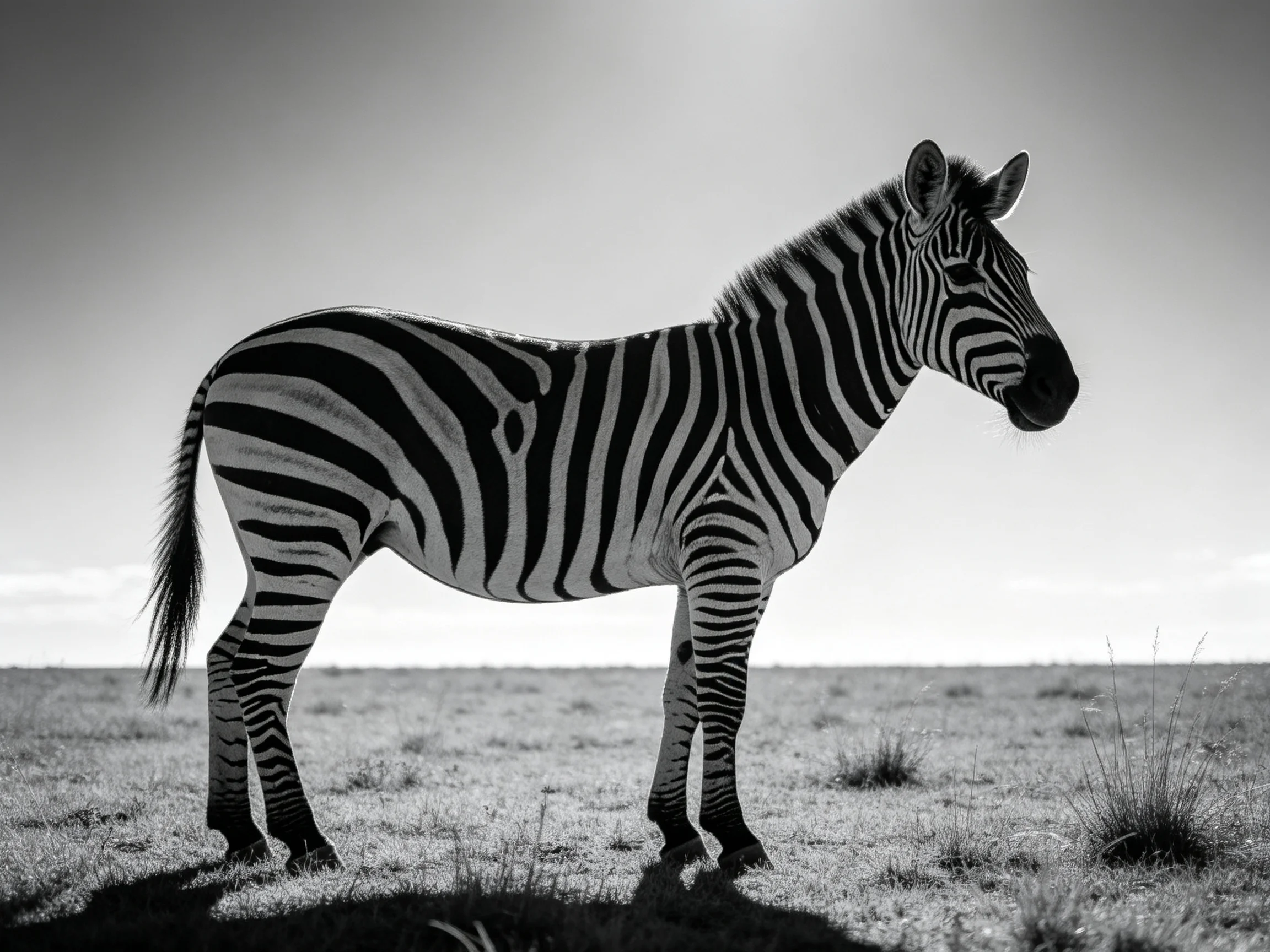 A solitary zebra with bold black-and-white stripes stands in an open savannah