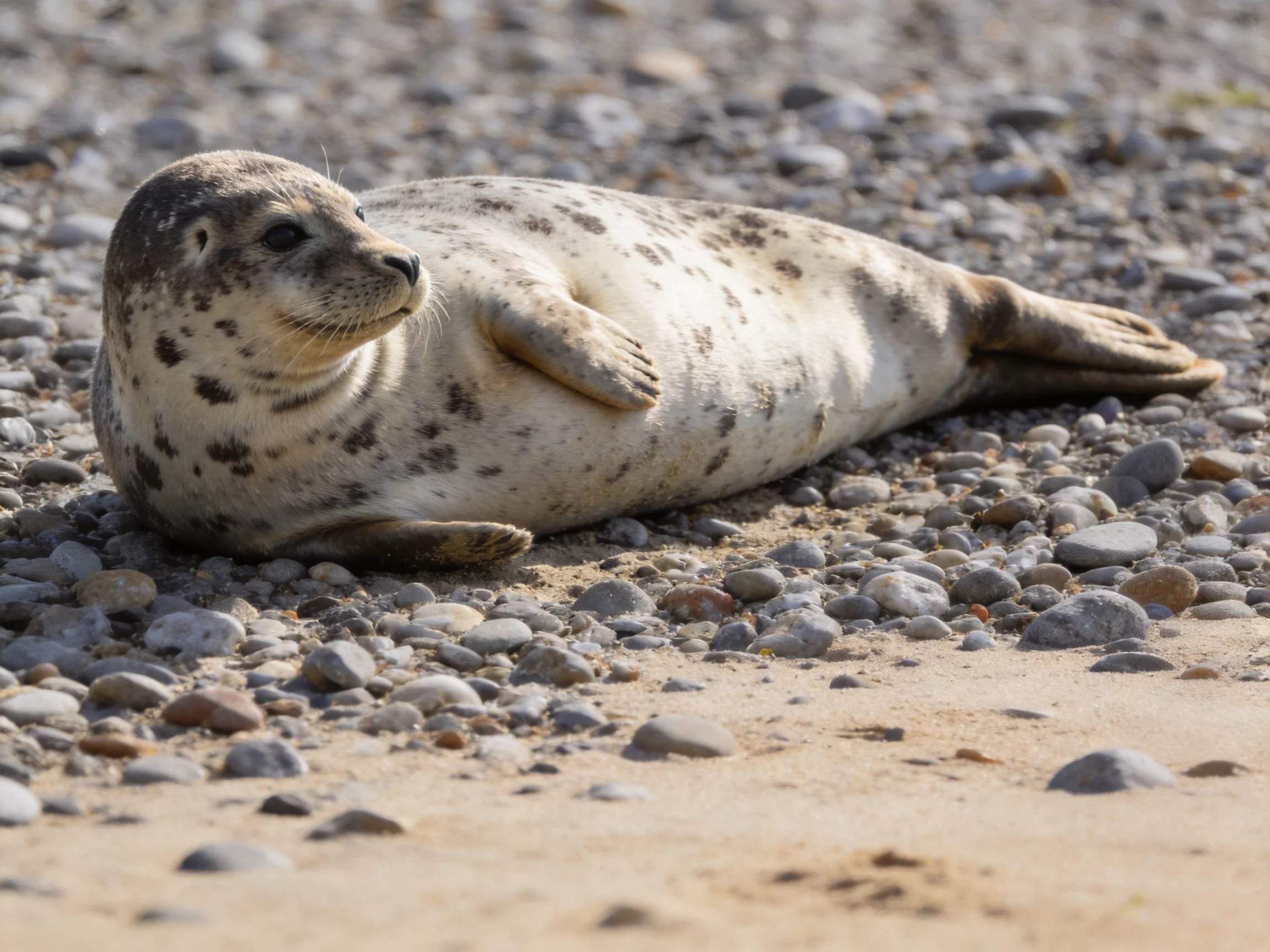 A speckled gray seal relaxes among varied pebbles on a rocky shore.