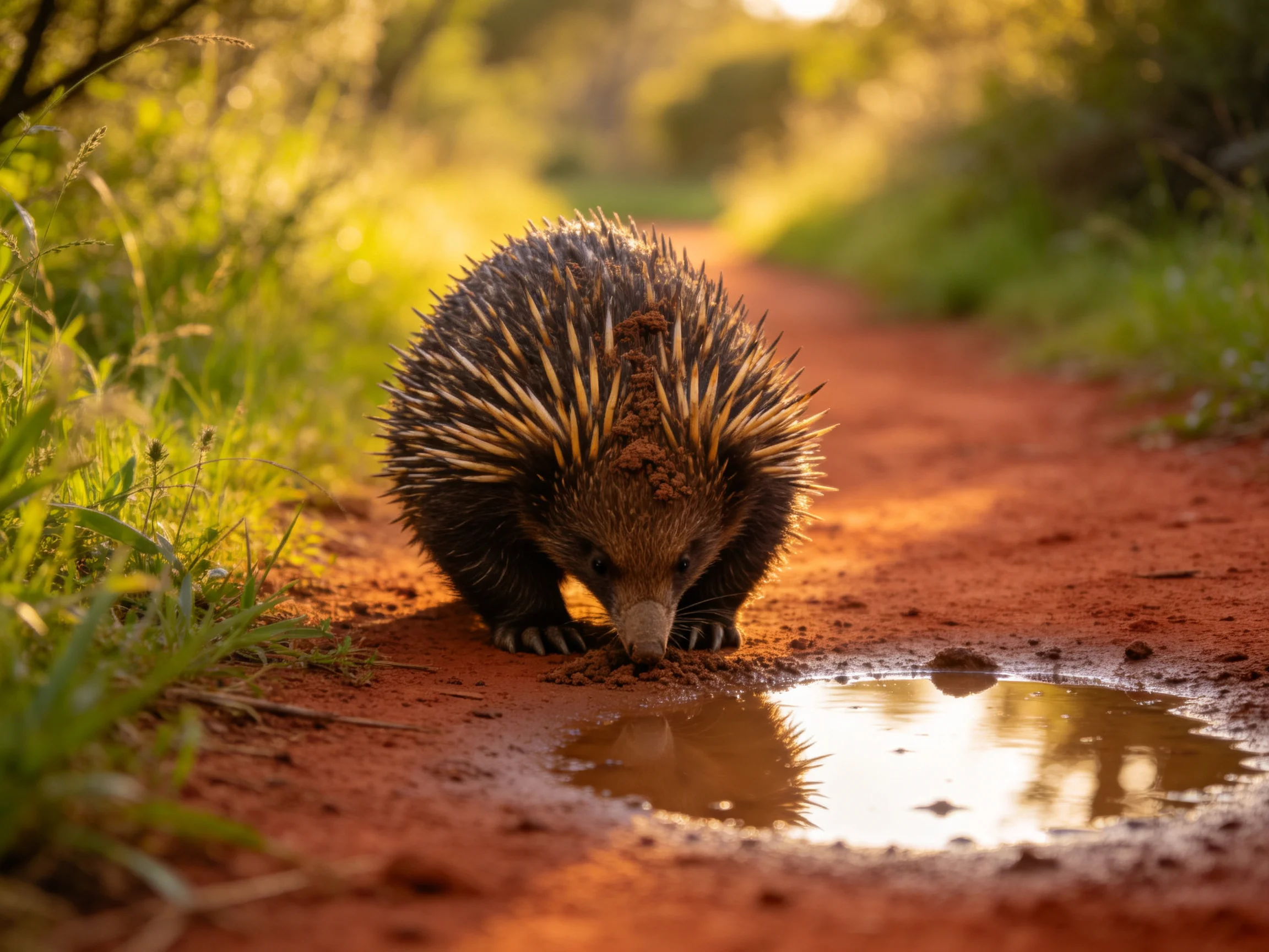 A spiky echidna explores a red dirt path near a reflective puddle