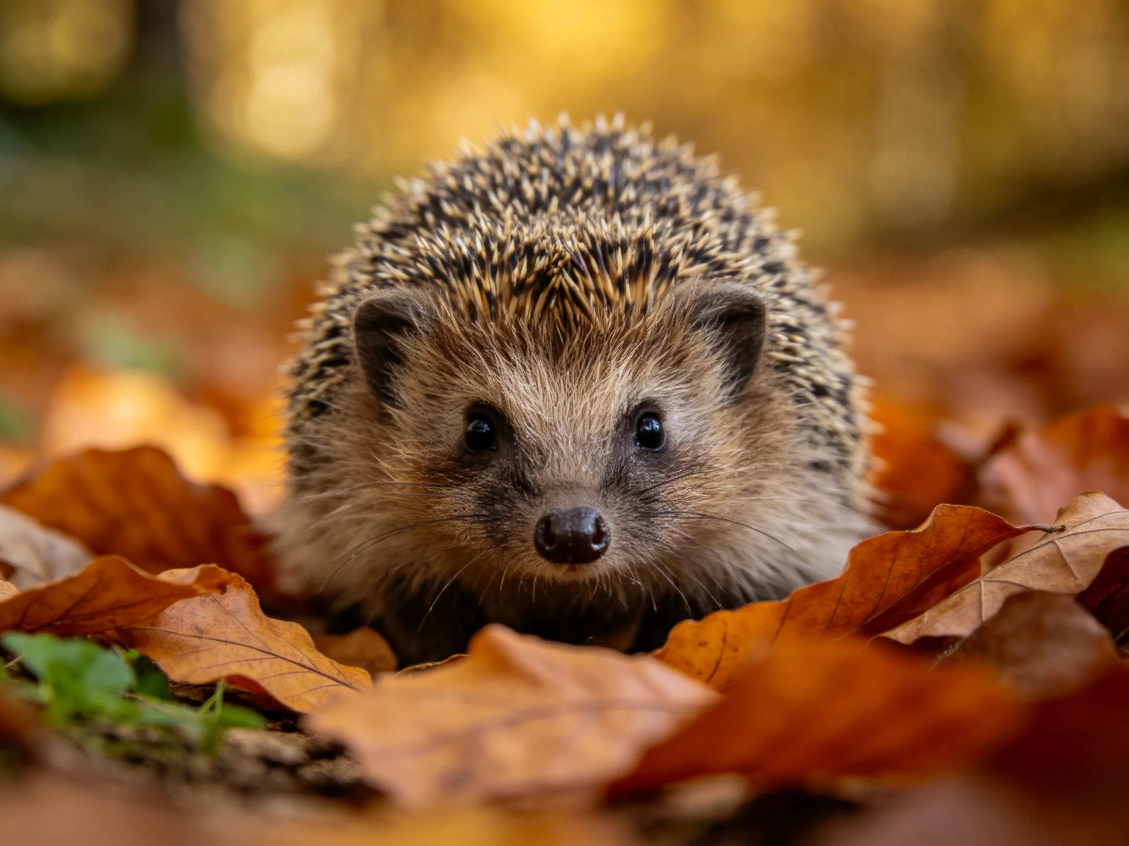 A hedgehog sits among autumn leaves in an autumnal forest scene.