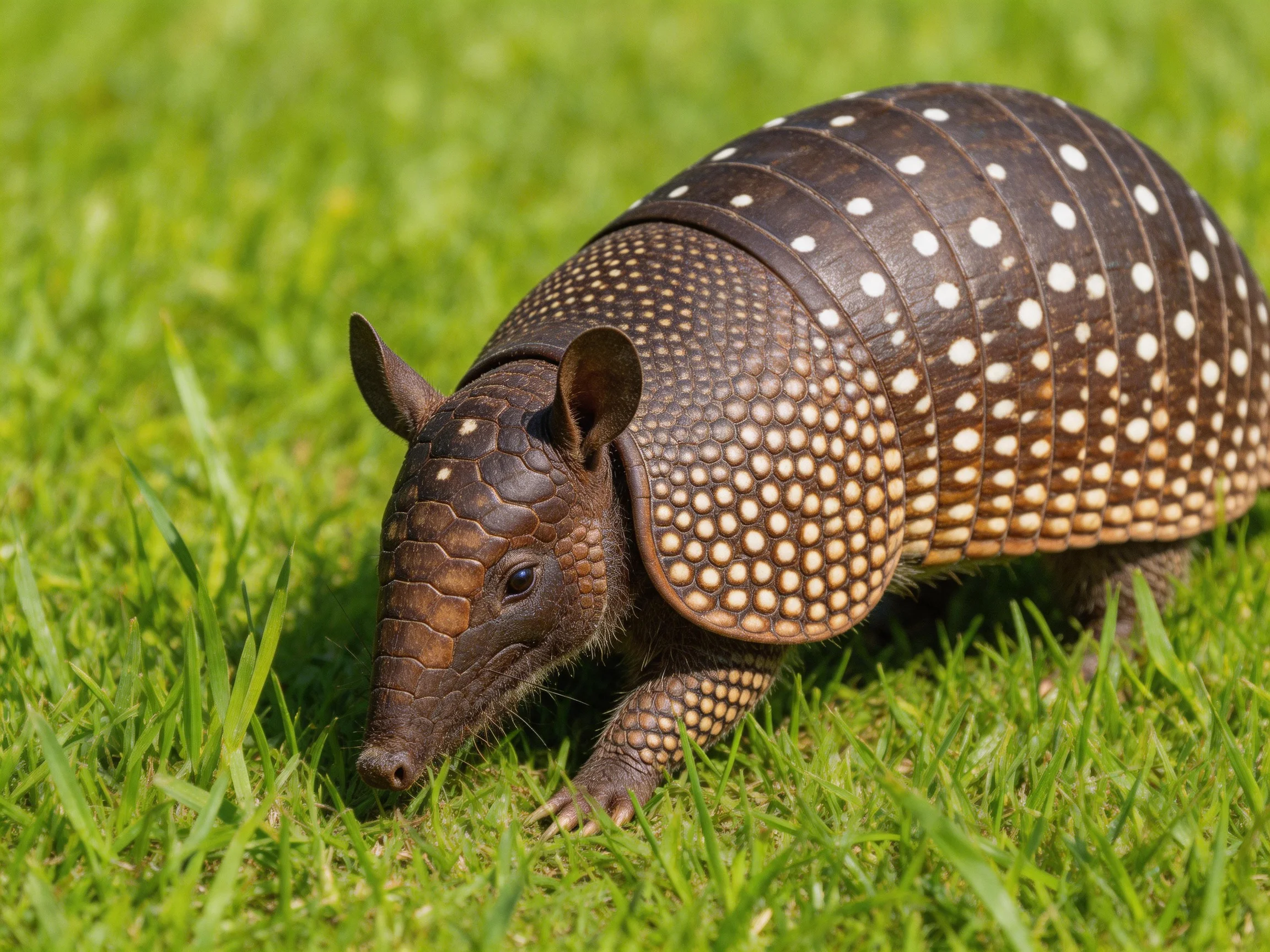 A spotted brown armadillo forages in lush green grass