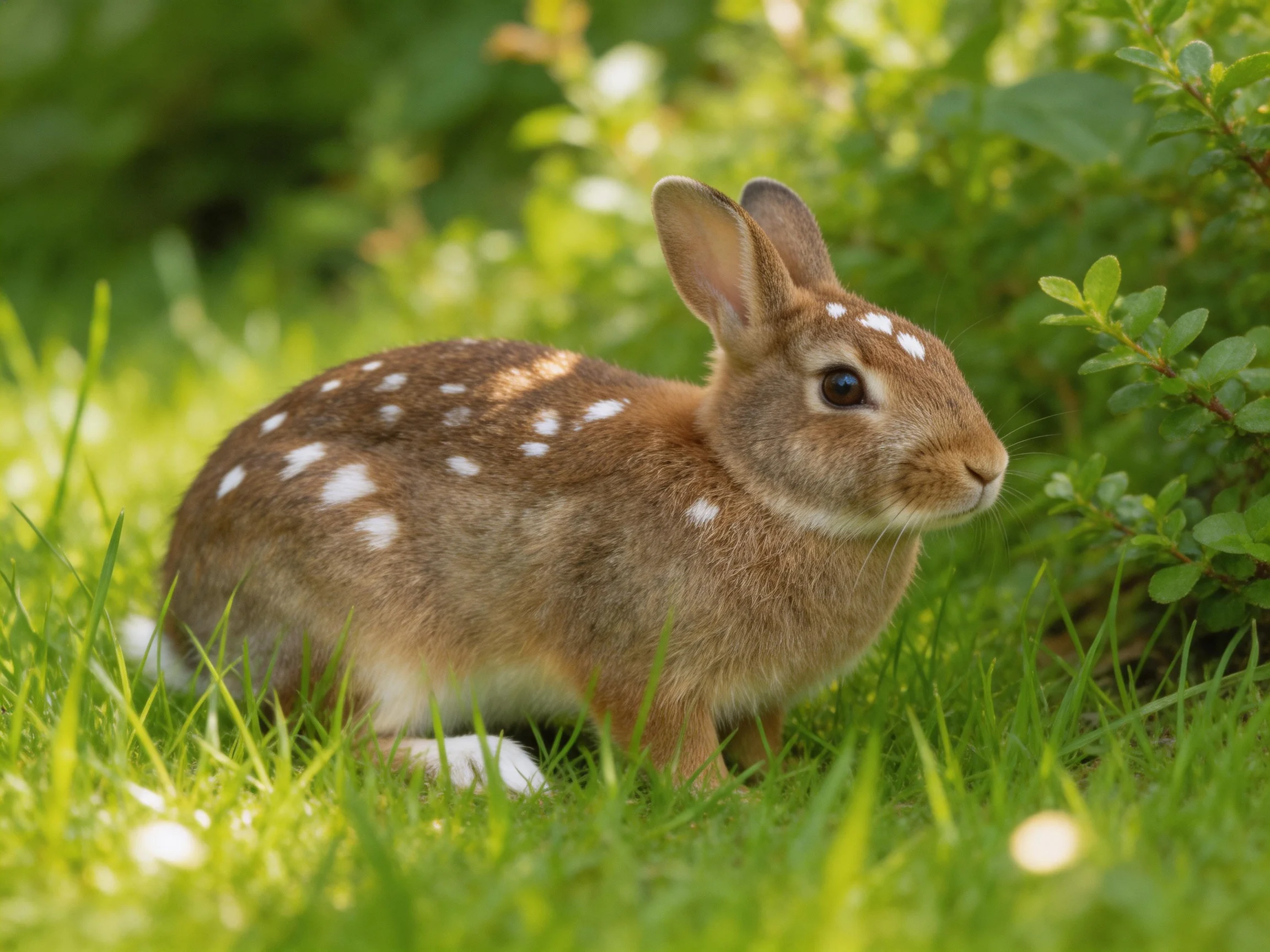 A spotted brown rabbit sits amid lush green foliage and grass