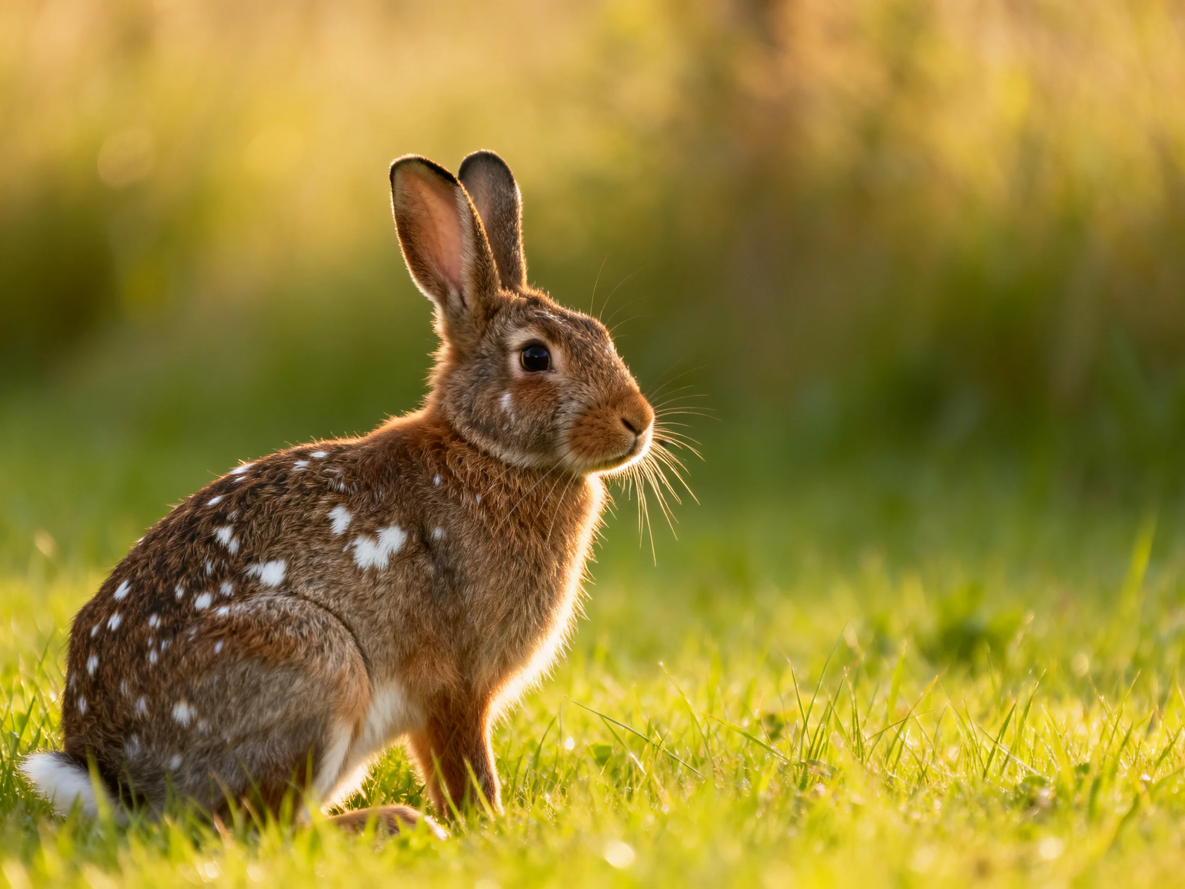 A spotted brown rabbit sits in sunlit green grass