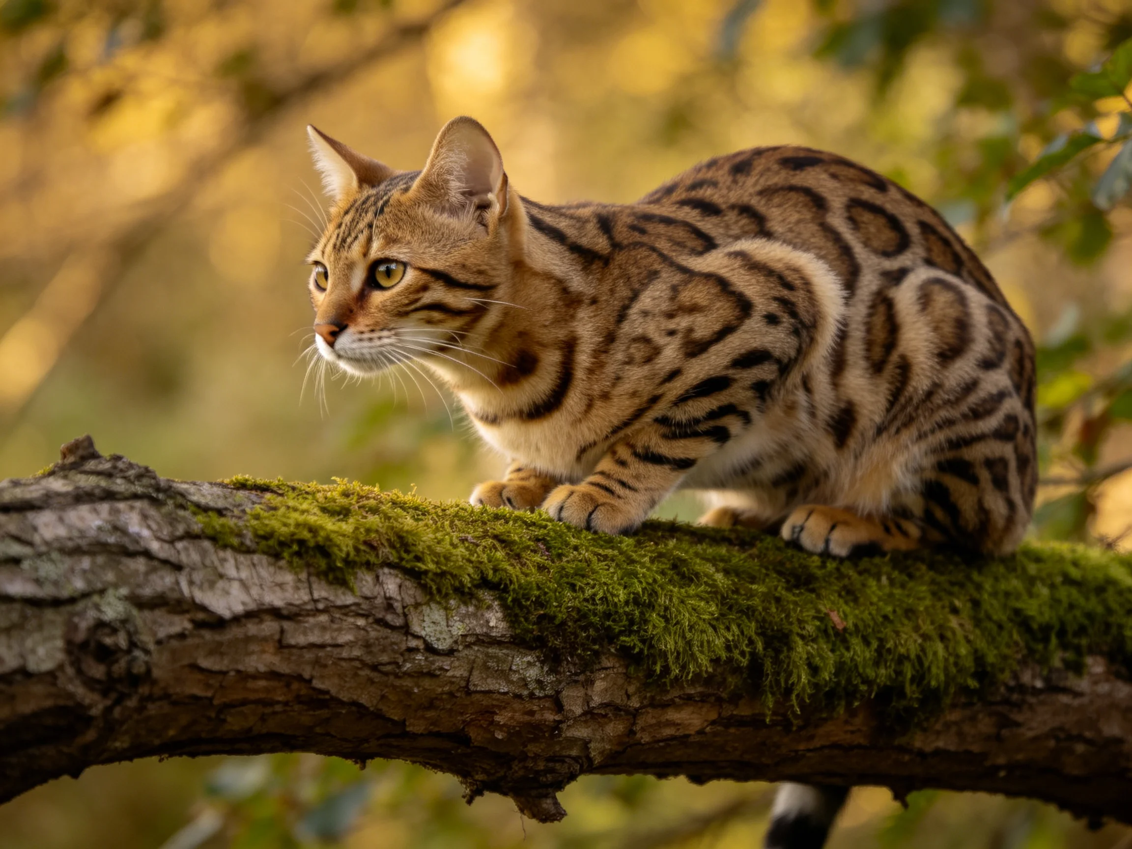 A spotted cat perches on a moss-covered tree branch