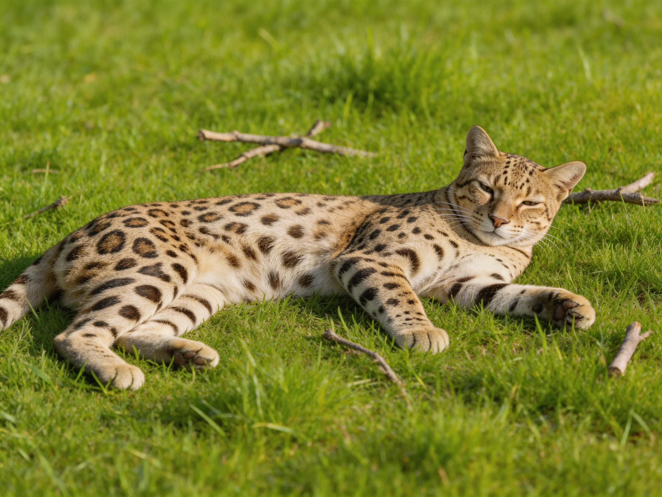 A single spotted cat relaxes on green grass with nearby twigs.