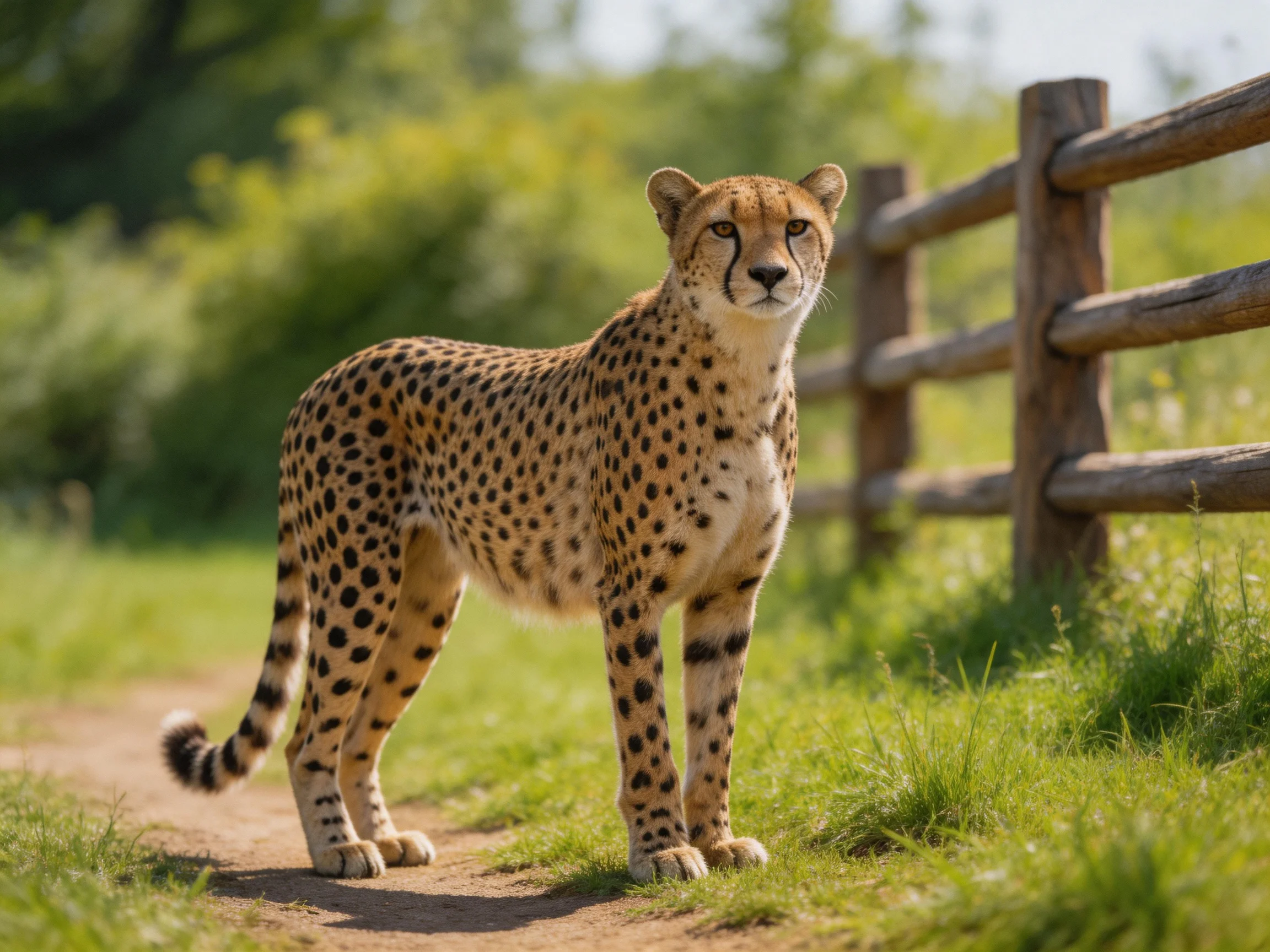 A spotted cheetah stands by a wooden fence in a sunny meadow