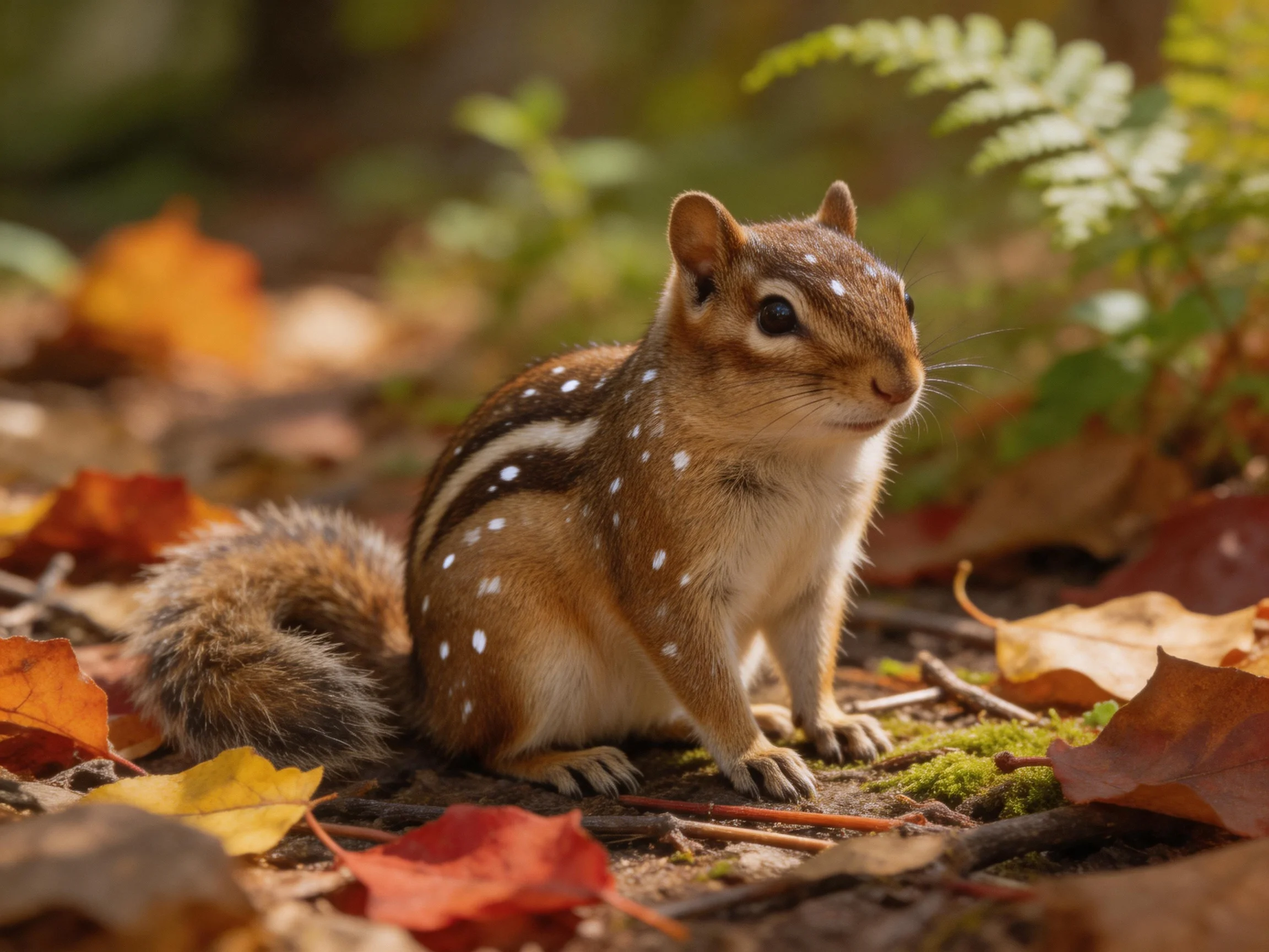 A spotted chipmunk sits among colorful autumn leaves and ferns