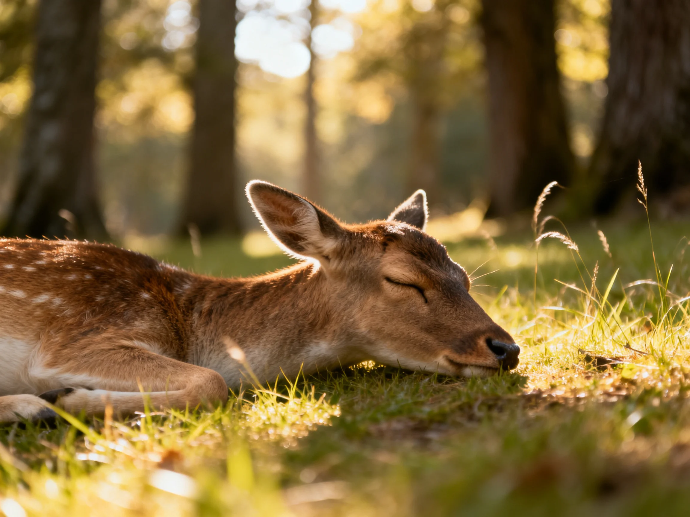 A spotted deer fawn naps in sunlit forest grass