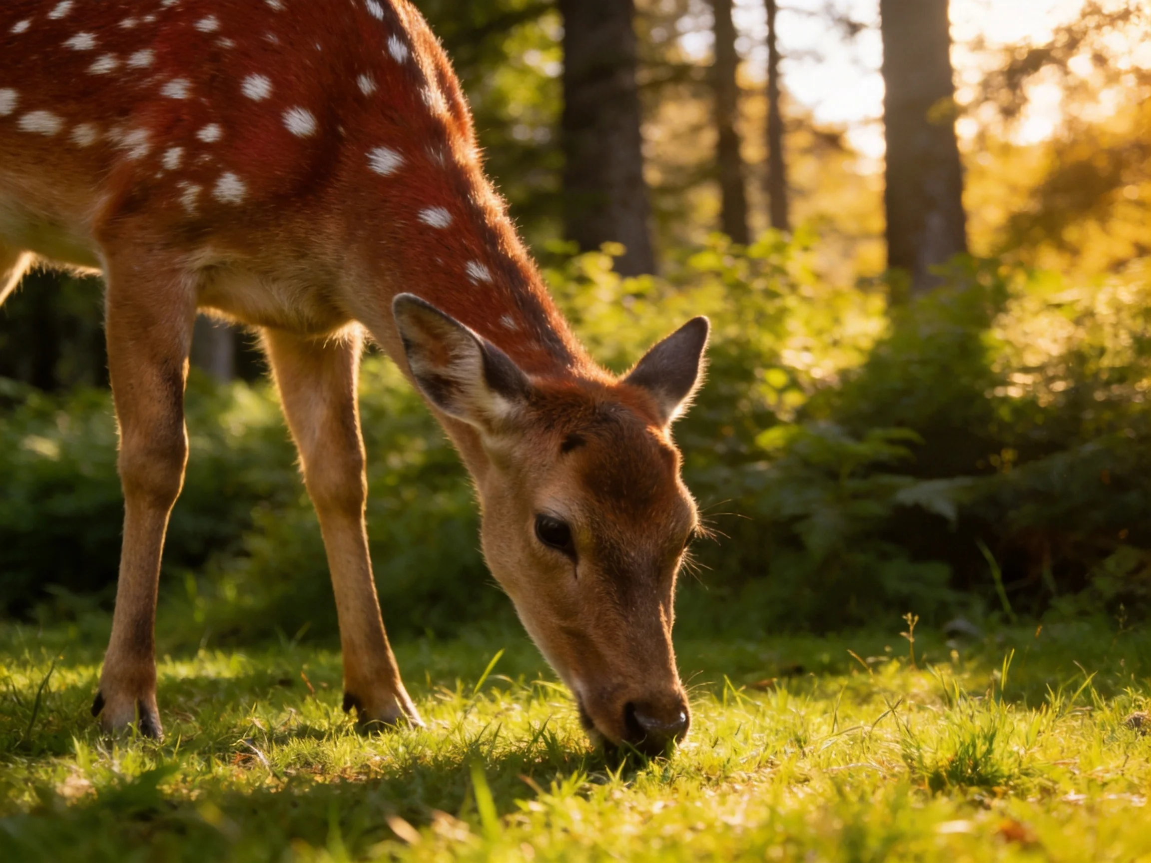 A spotted deer feeds on grass in a sunlit forest.