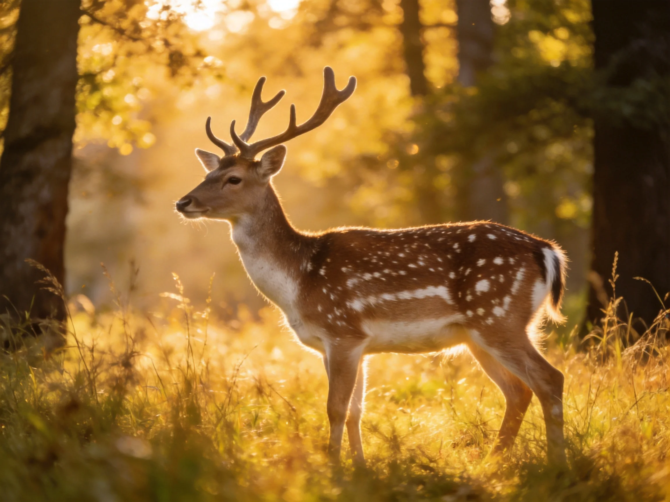 A spotted deer in a sun-drenched forest glade