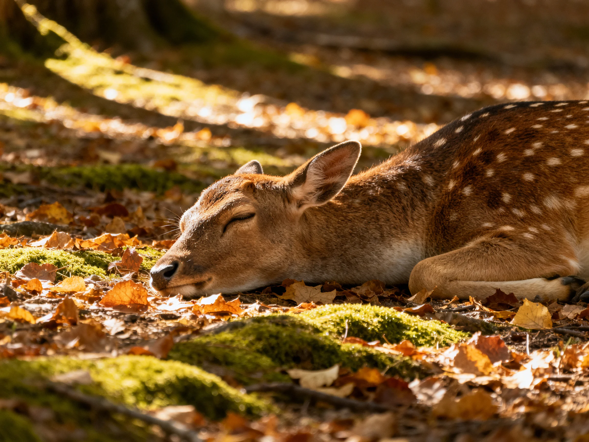 A spotted deer naps among fallen leaves and moss in a sunlit forest.