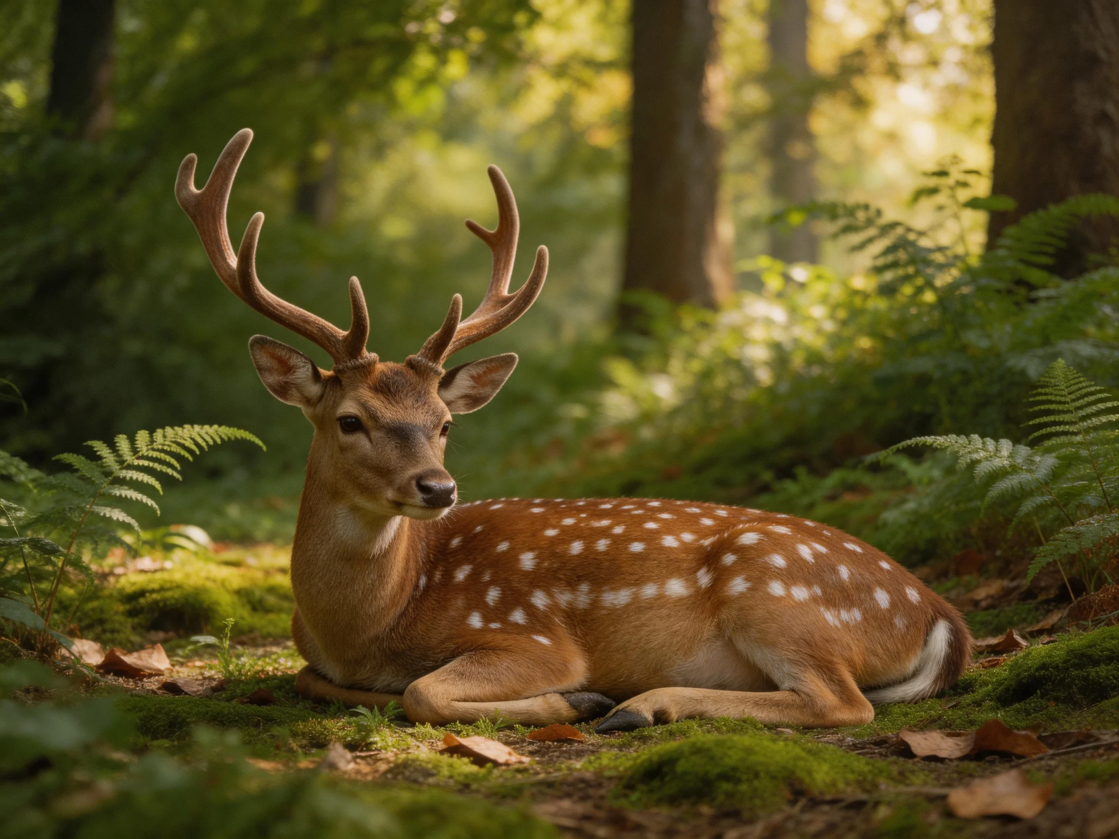 A spotted deer lies peacefully among ferns and moss in a sunlit forest.