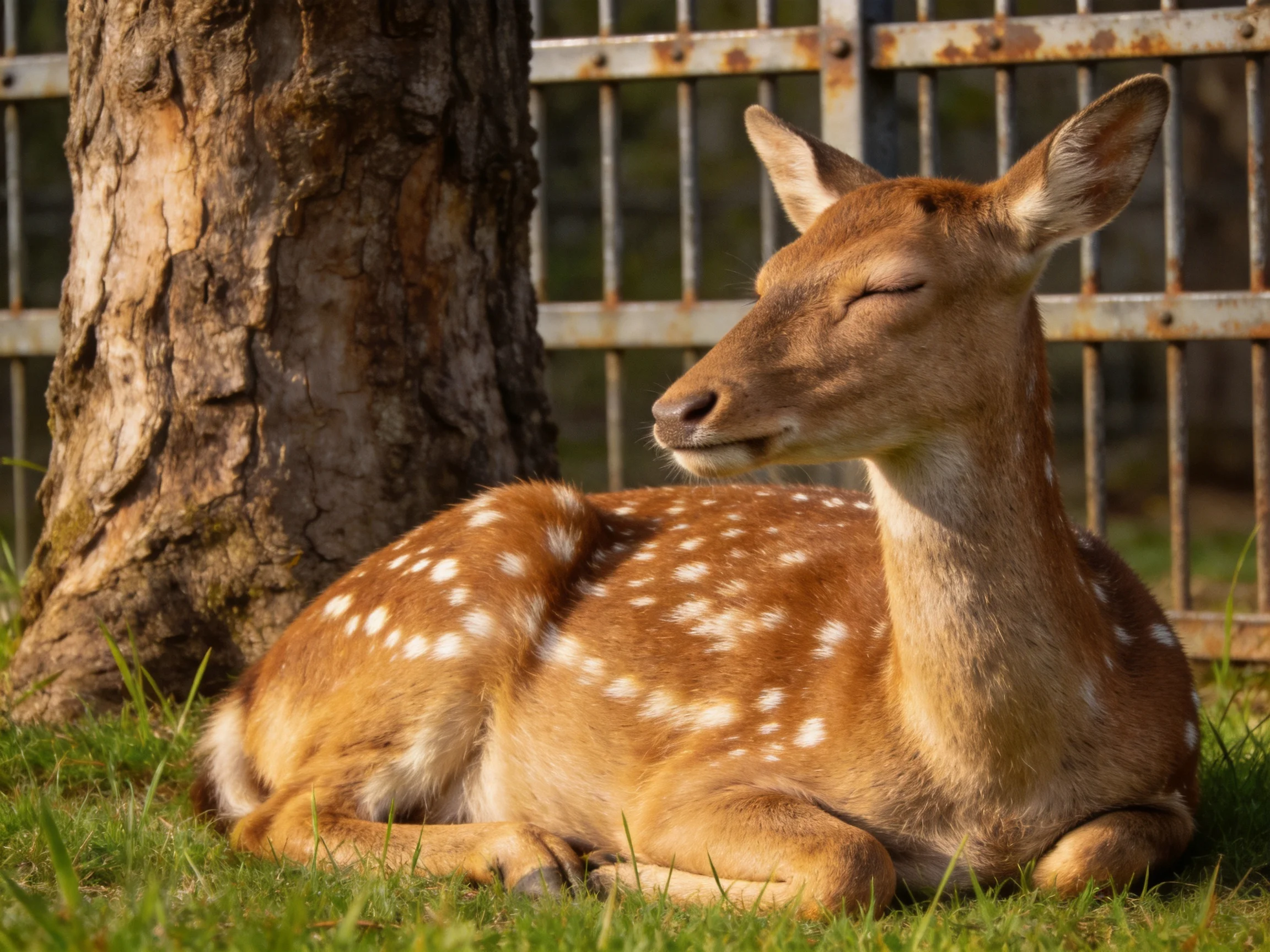 A spotted deer rests near a tree and rusty fence