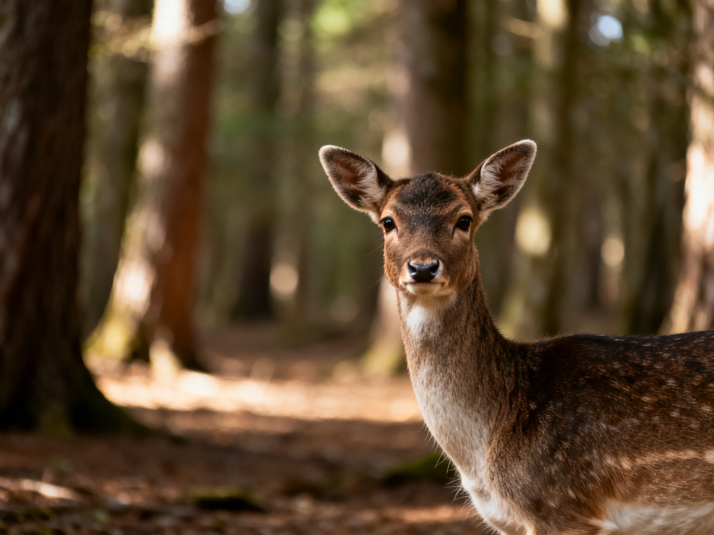 A spotted deer stands alert in a sun-dappled forest clearing