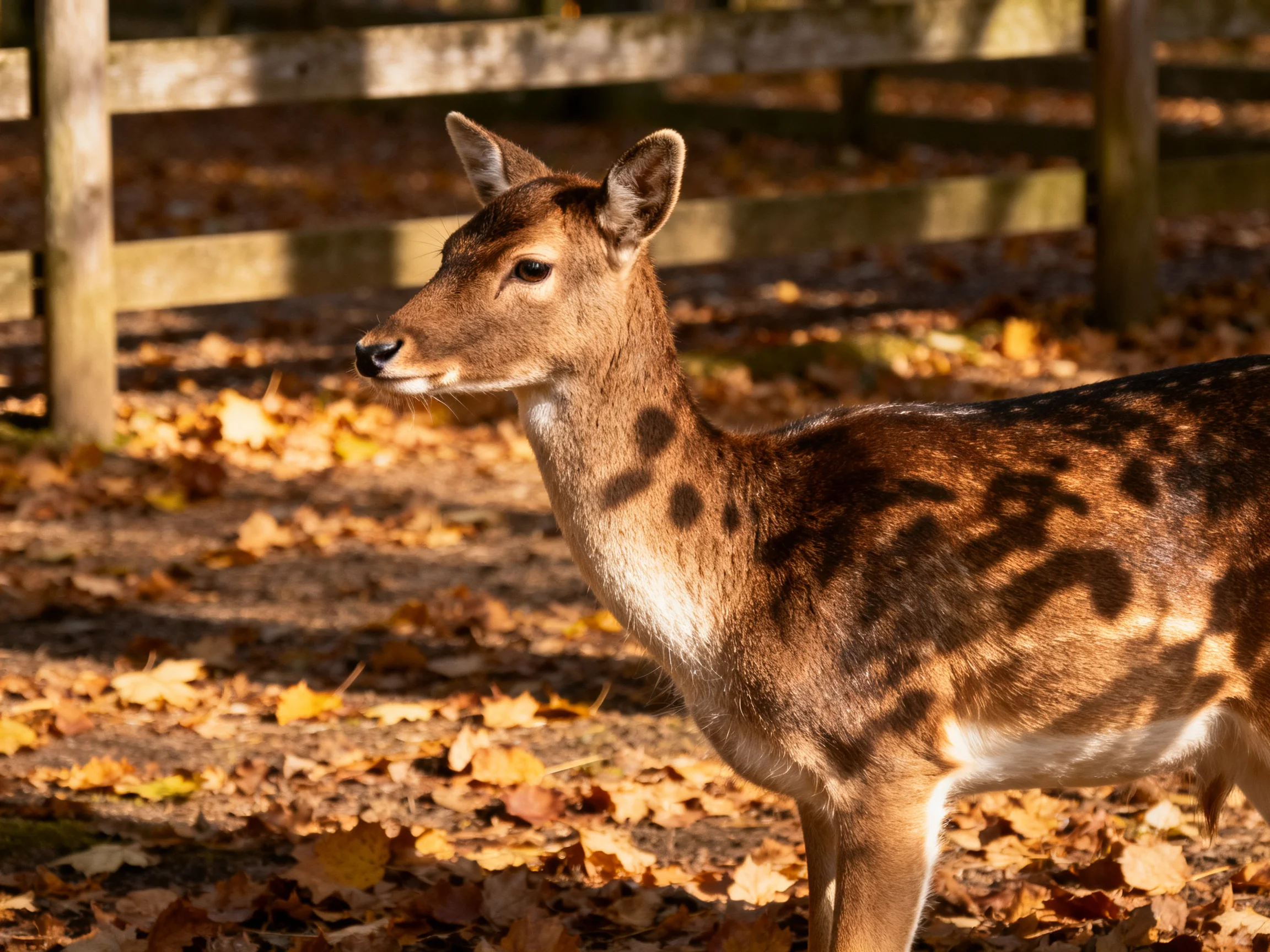 A spotted deer stands amid golden autumn leaves near a wooden fence