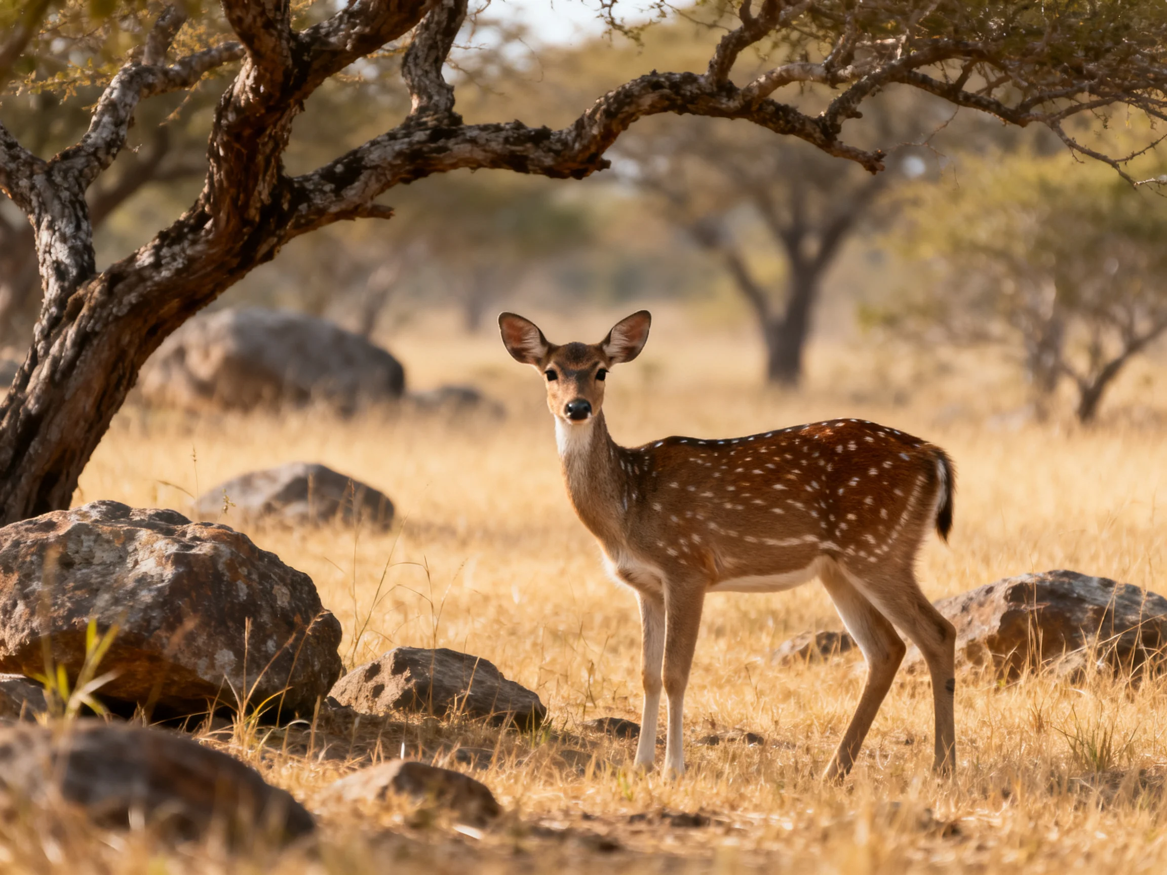 A young deer with white spots stands in a sunlit savannah.