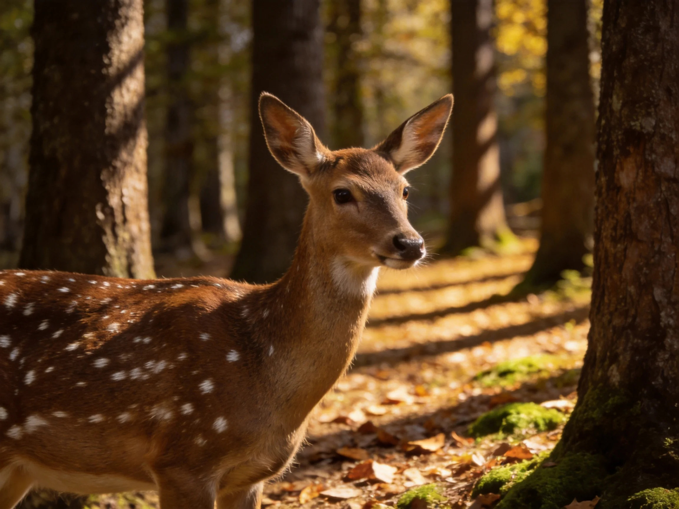 A spotted deer stands in a sunlit forest surrounded by tall trees.