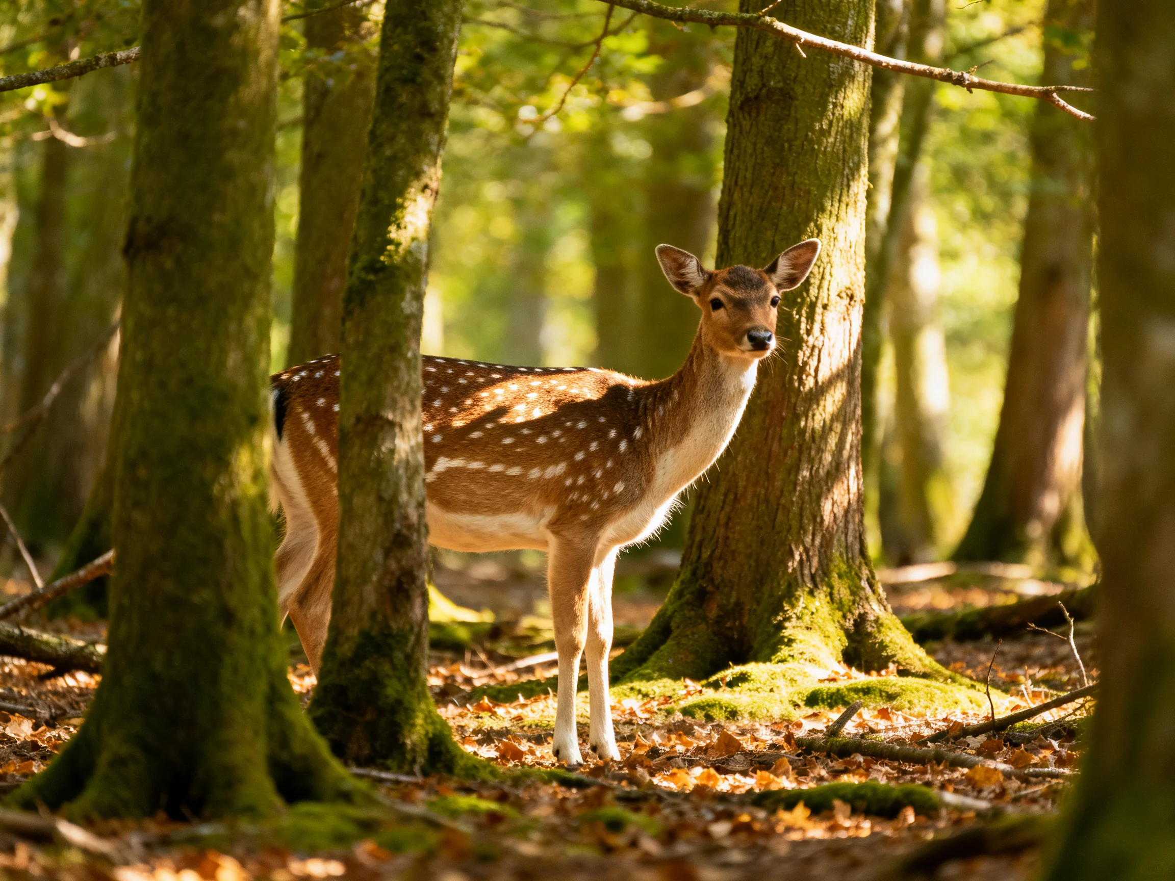 A spotted deer stands among tall trees in a sunlit forest.