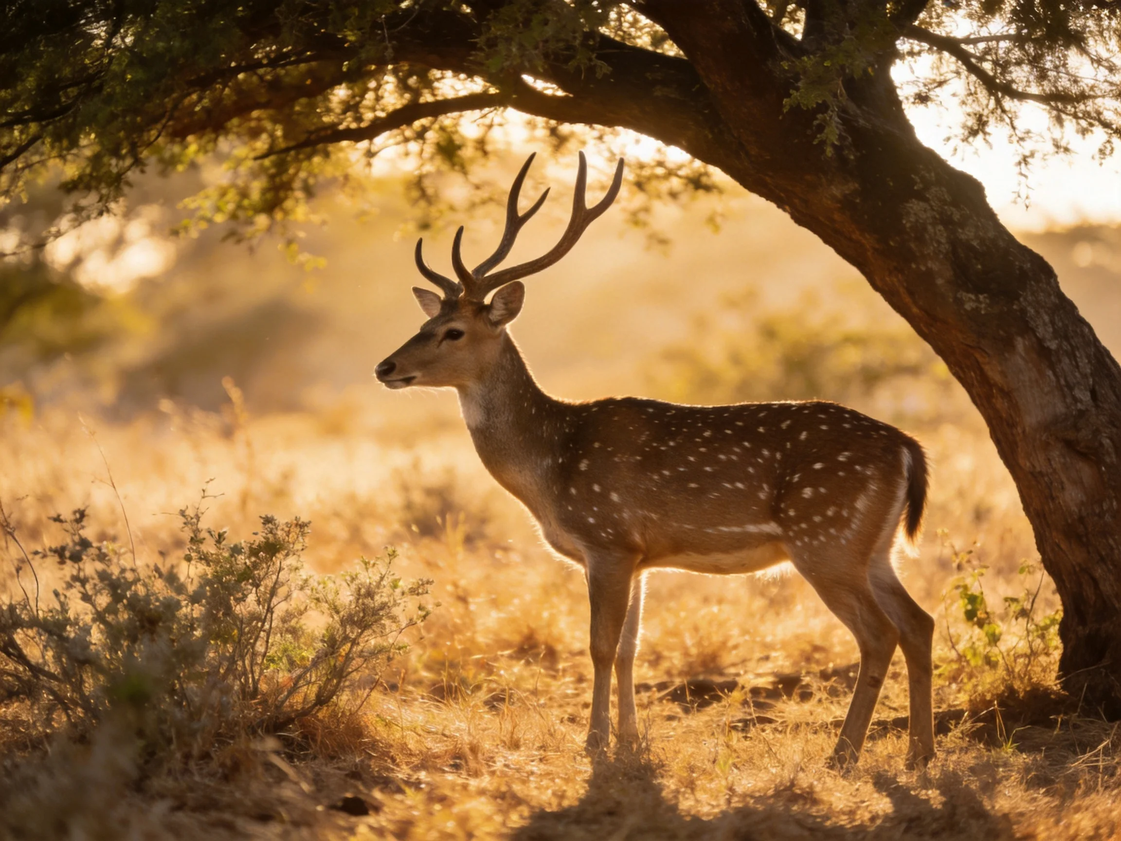A spotted deer stands beneath a large tree in golden light