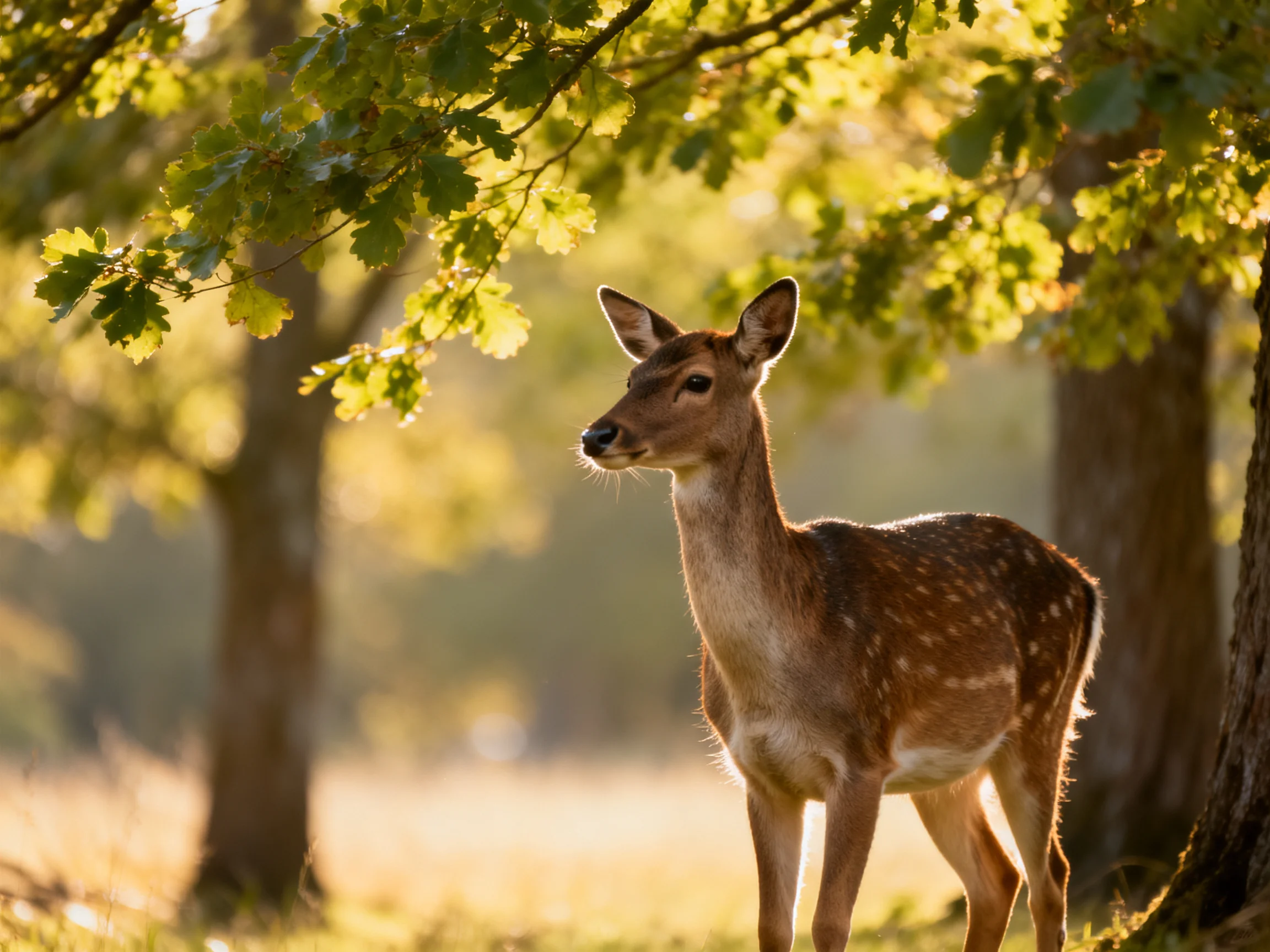 A spotted deer stands beneath golden-hued trees in soft sunlight