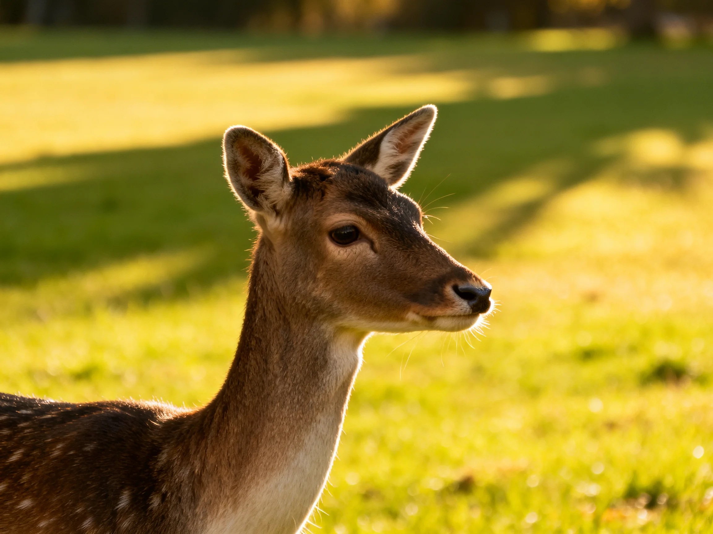 A spotted deer stands gracefully in a sunlit green meadow