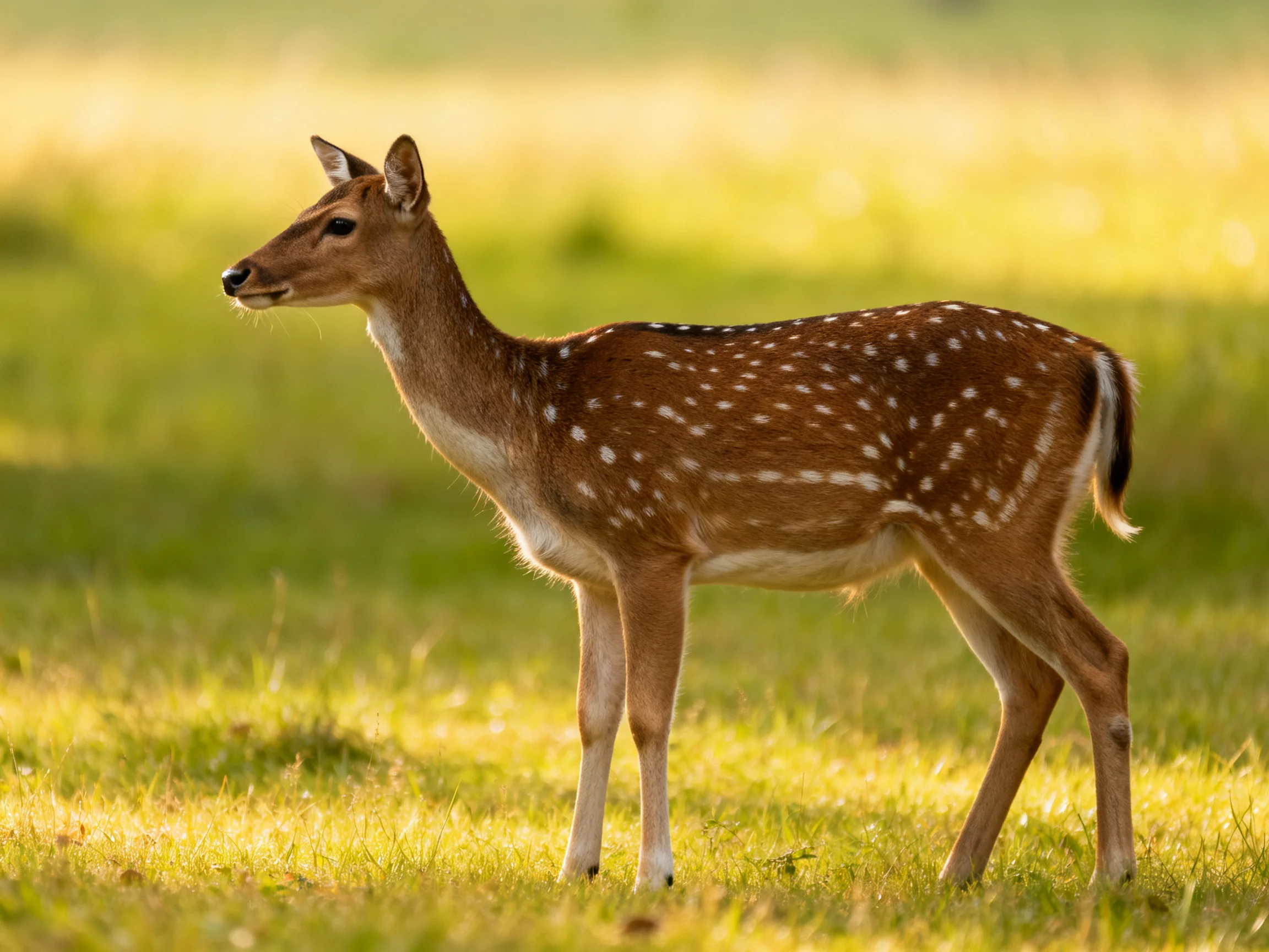A young spotted deer stands alertly in a sunlit grassy area.