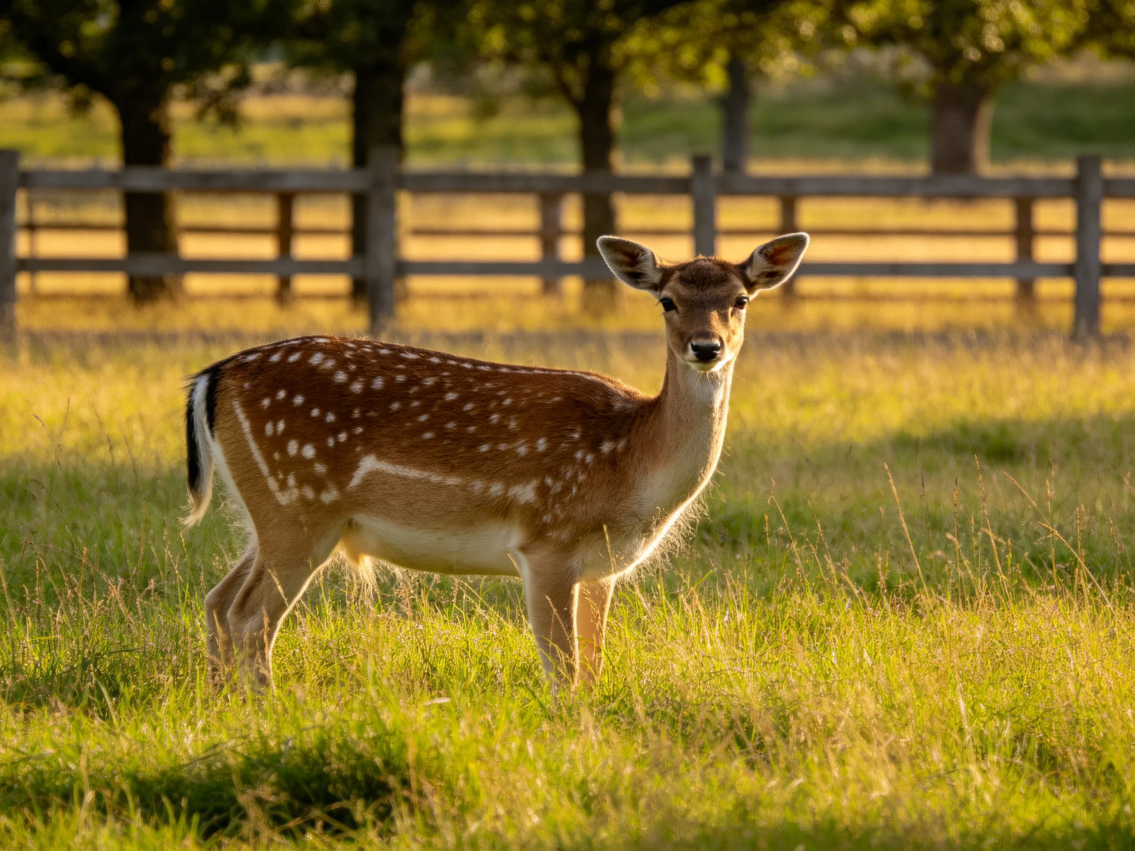A spotted deer stands in a sunlit grassy field near wooden fences