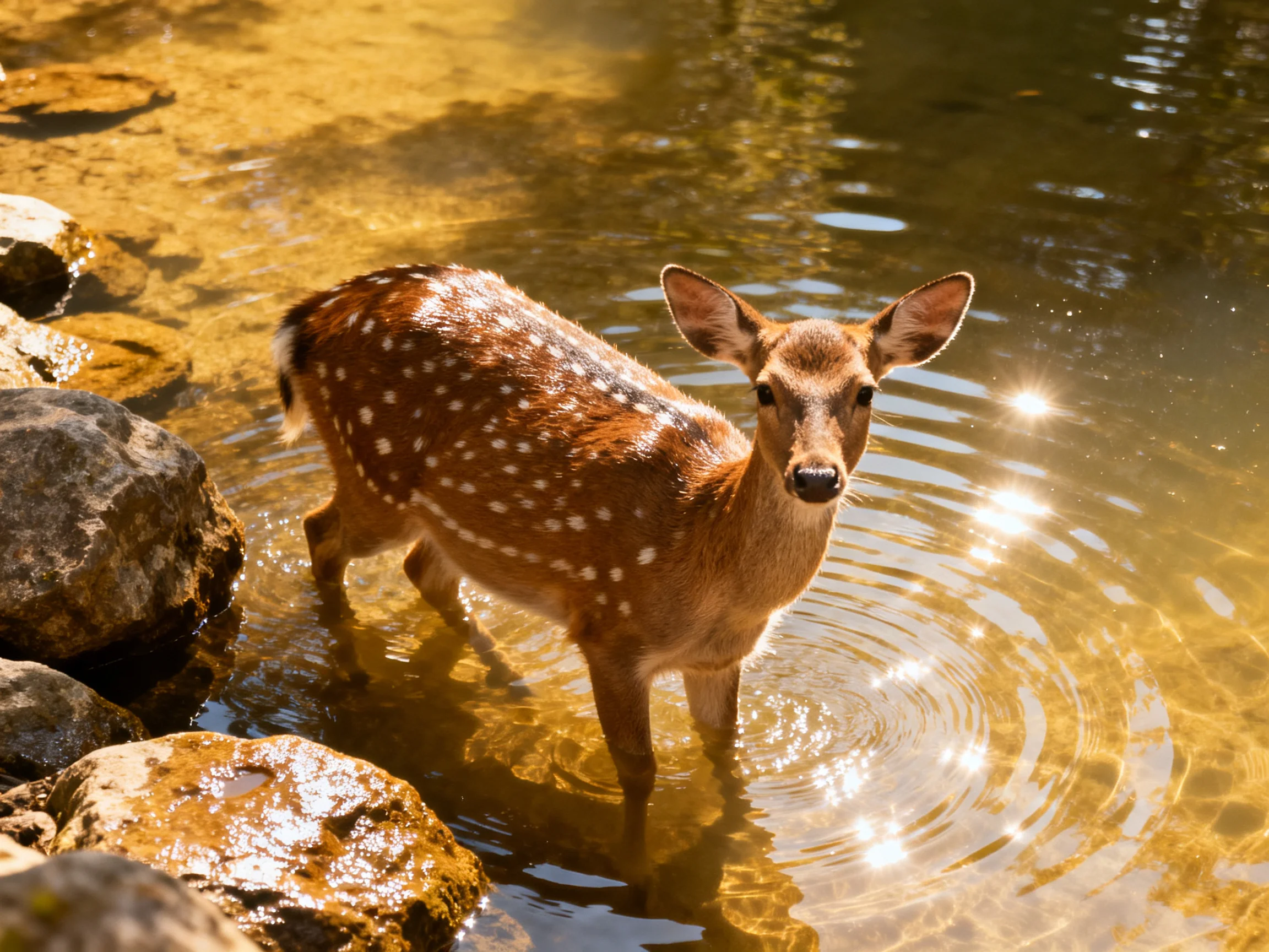 A spotted deer stands in shallow water near rocks under sunny conditions.