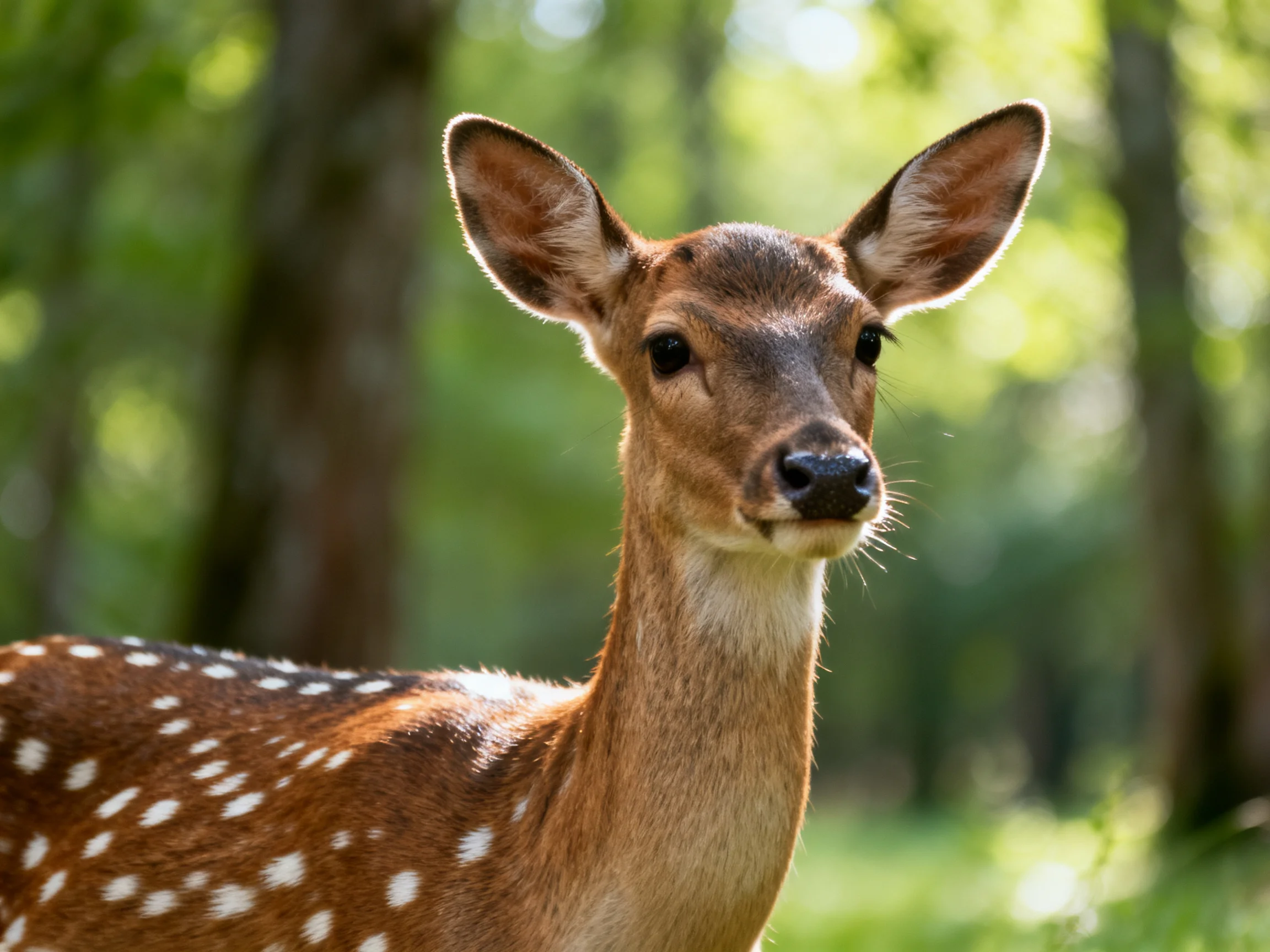 A spotted deer with brown fur and white spots in a sunlit forest