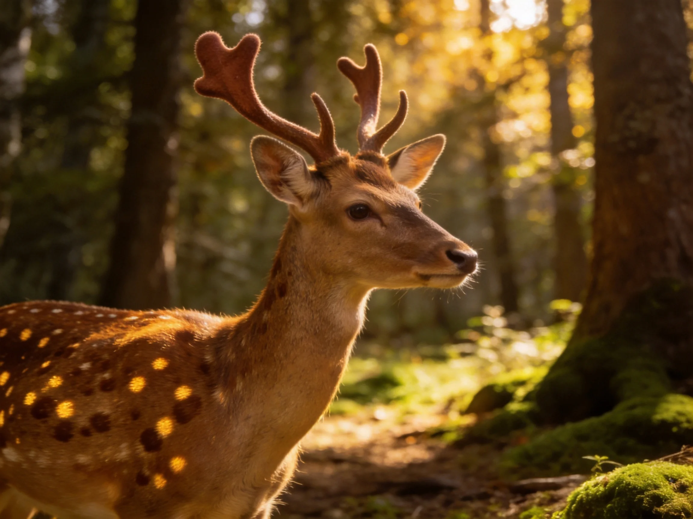 A spotted deer with brown spots stands in a sunlit forest.