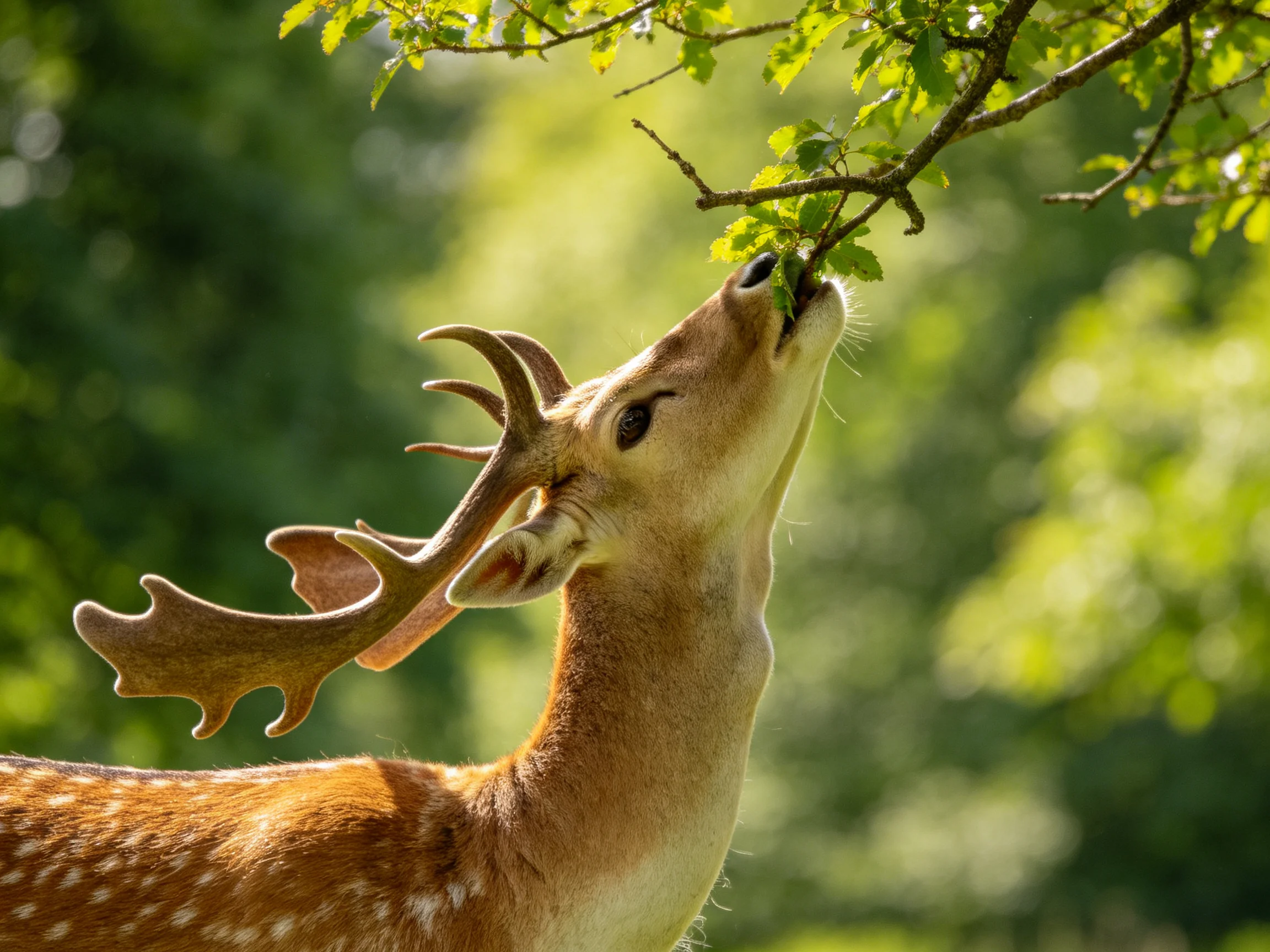 A spotted deer with antlers eats leaves from a tree branch in a sunlit forest.