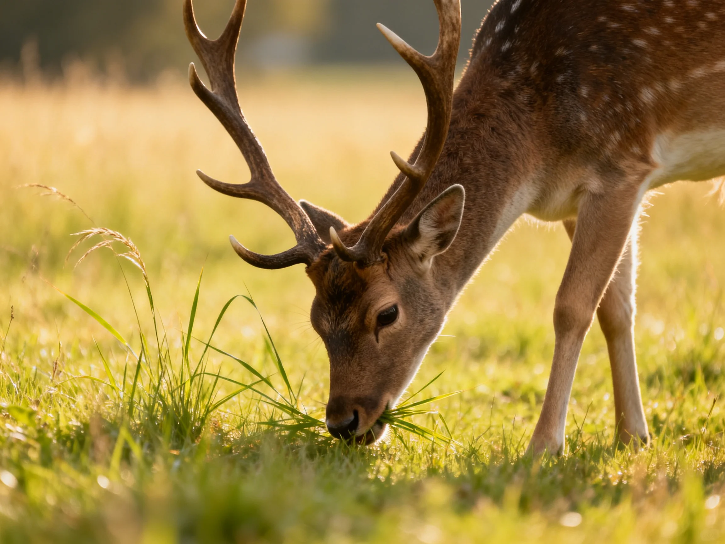 A spotted deer with large antlers grazing in a sunlit meadow
