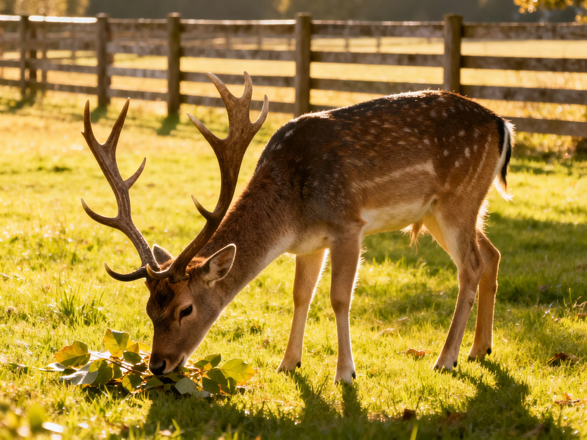 A spotted deer with large antlers grazing on green grass near a wooden fence