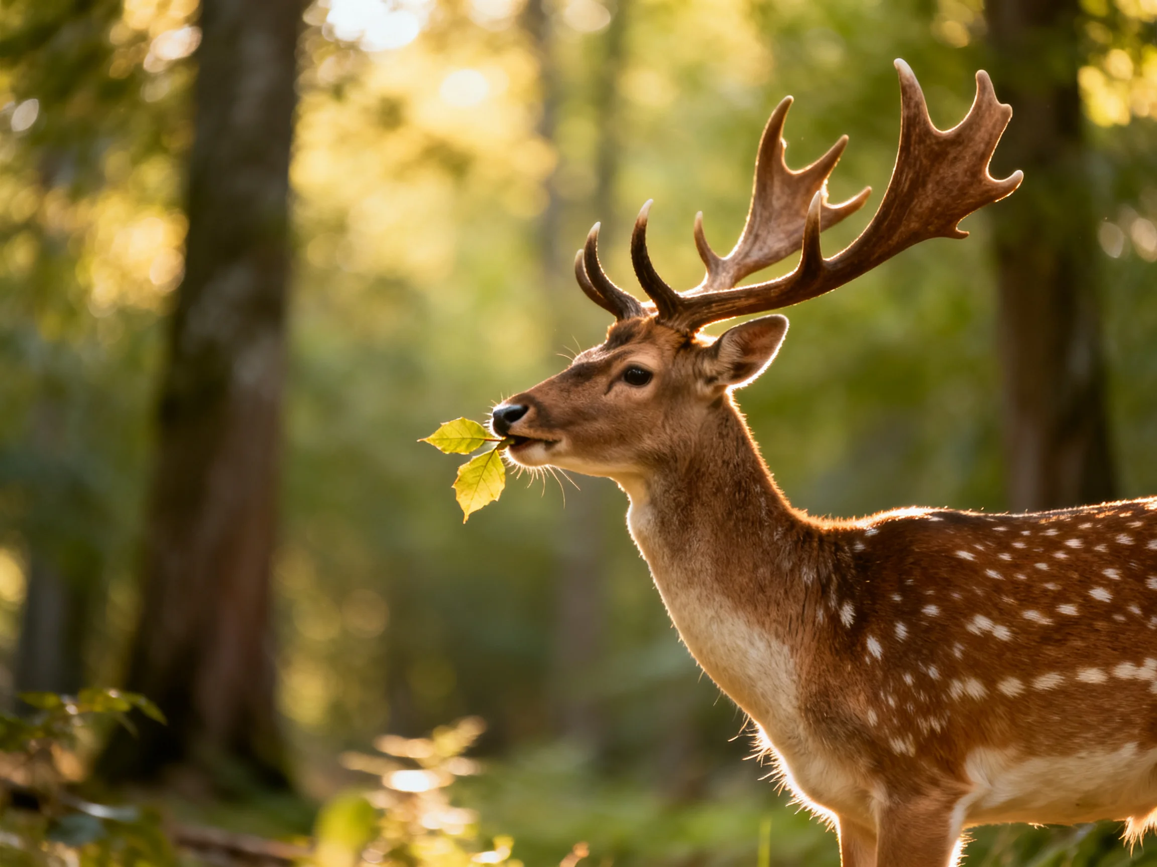 A spotted deer with large antlers holds a leaf in a sunlit forest