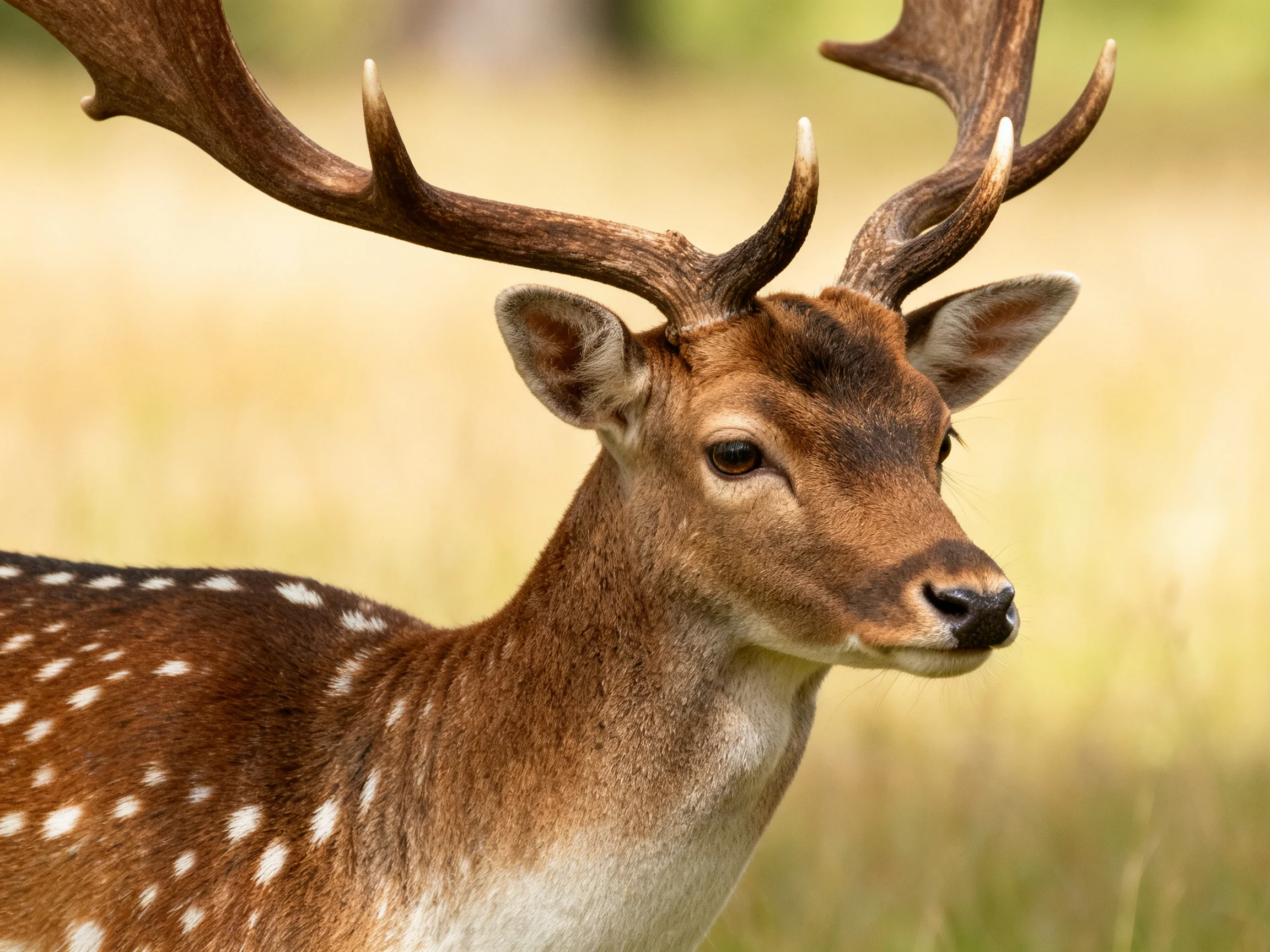 A spotted deer with large antlers in a golden field