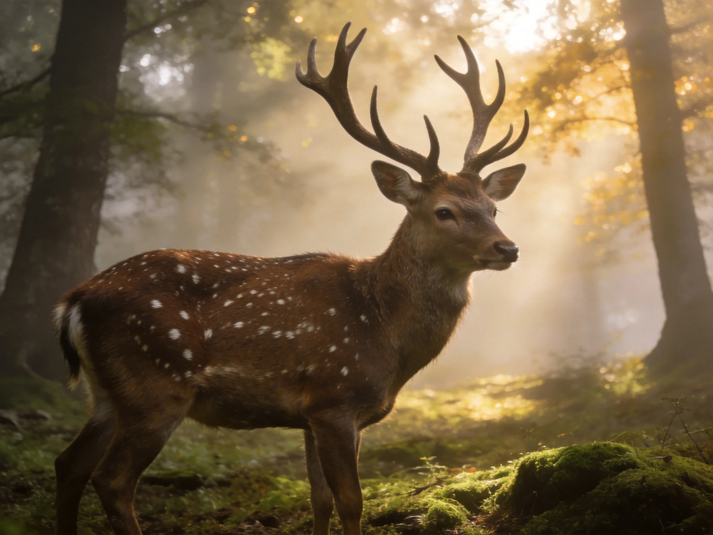 A spotted deer with large antlers in a misty forest bathed in golden light
