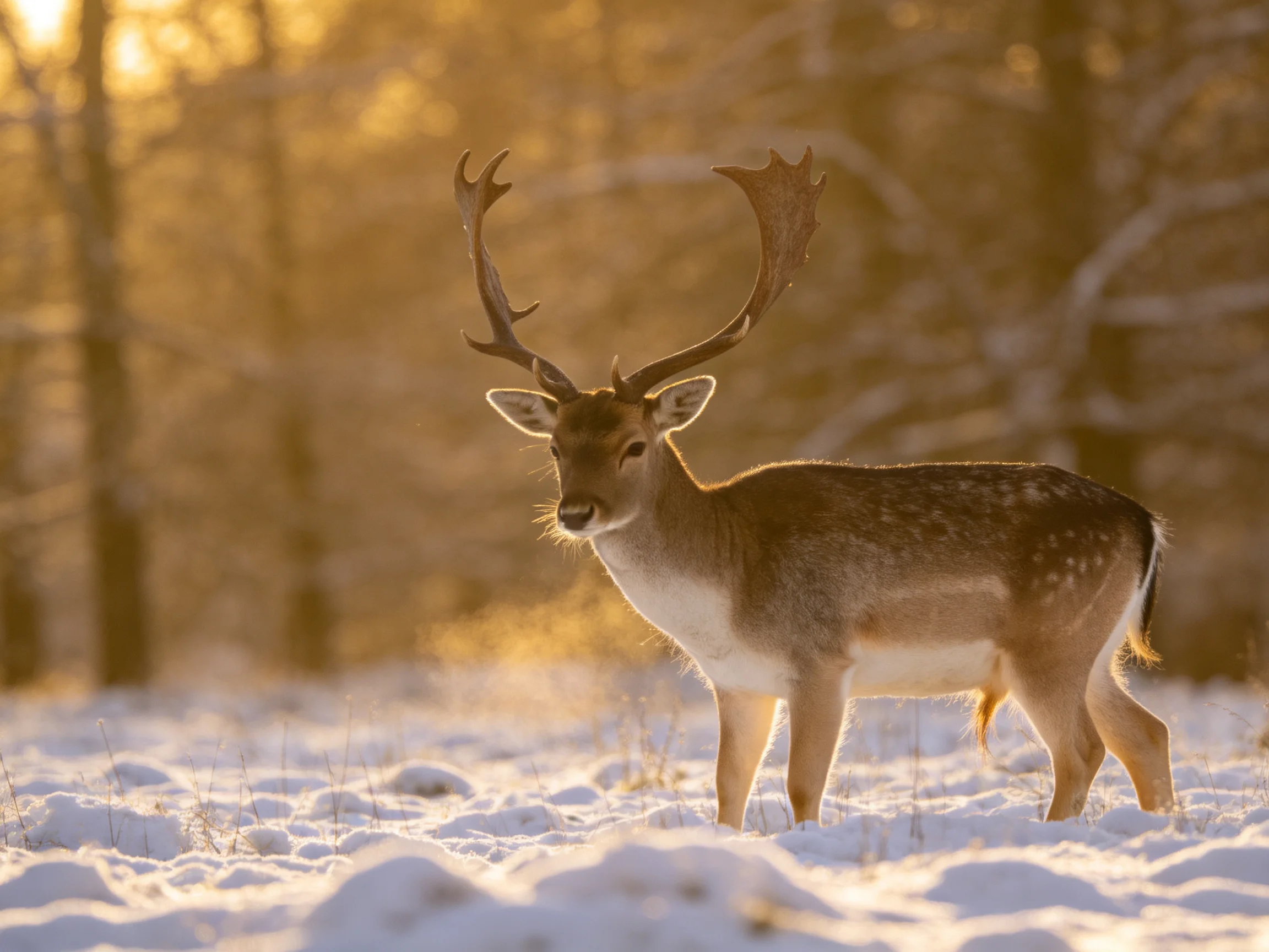A deer with large antlers stands in a snowy field near trees under golden light.