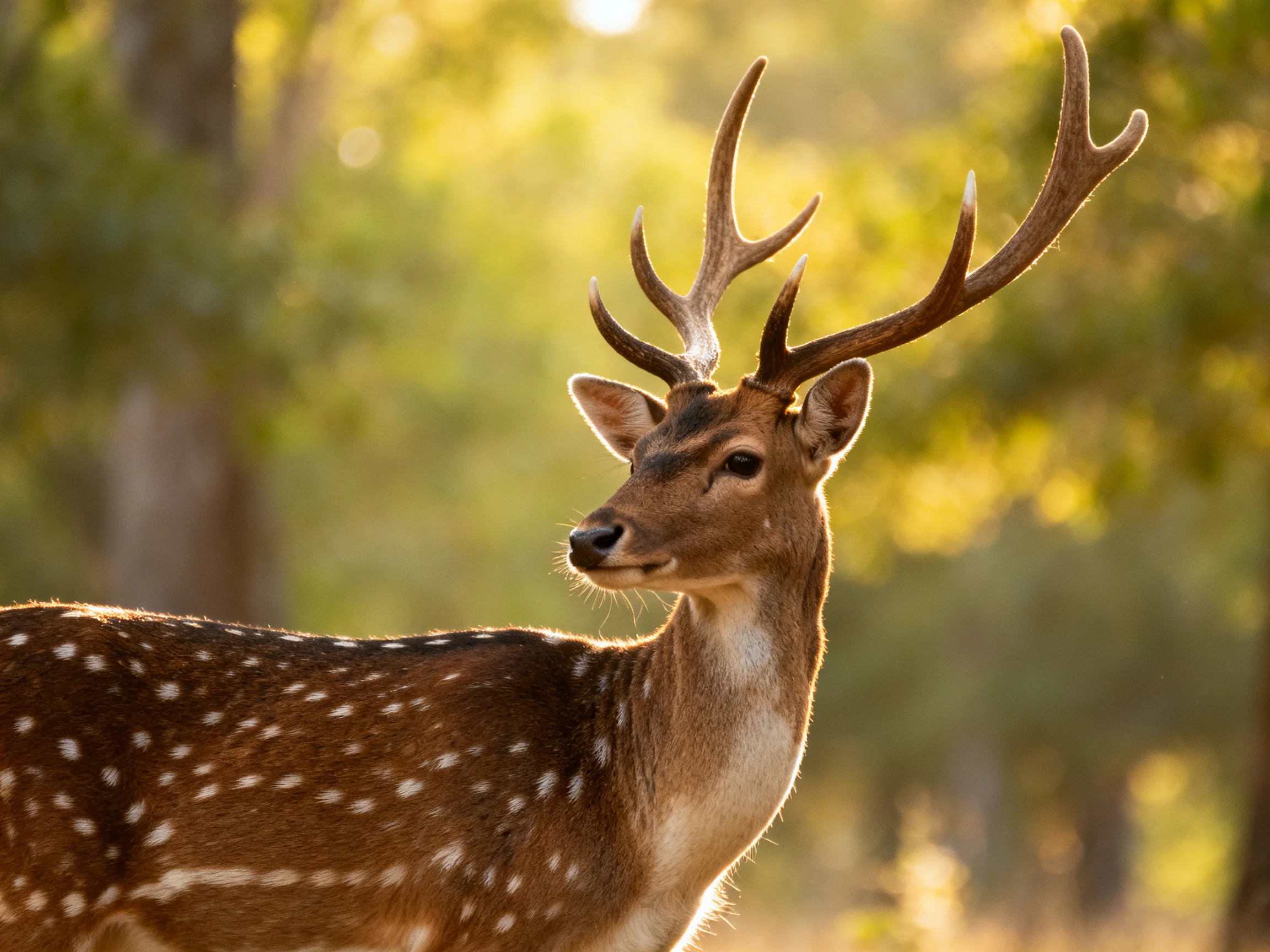 A spotted deer with large antlers in a sunlit forest