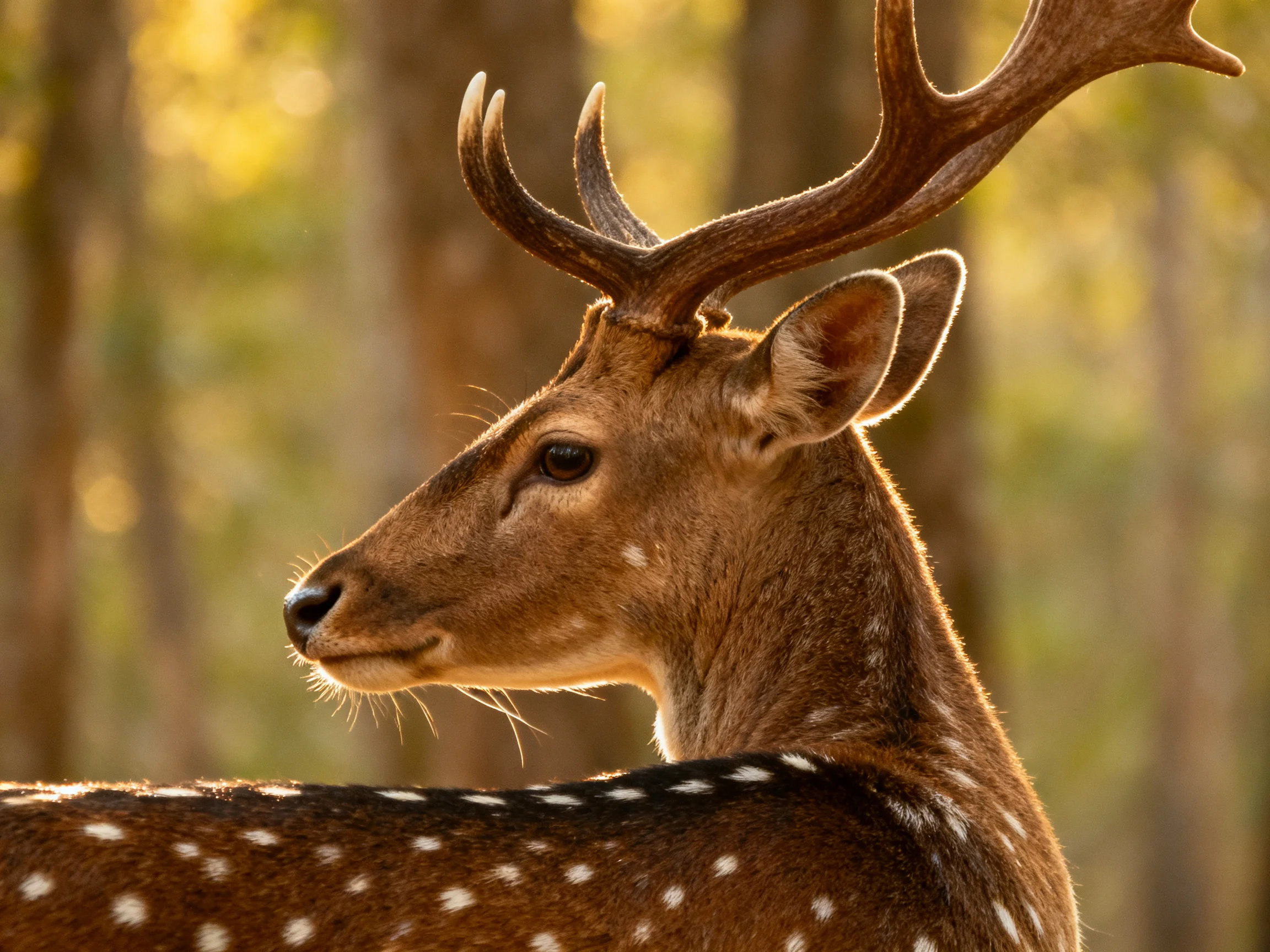 A spotted deer with large antlers in a sunlit forest