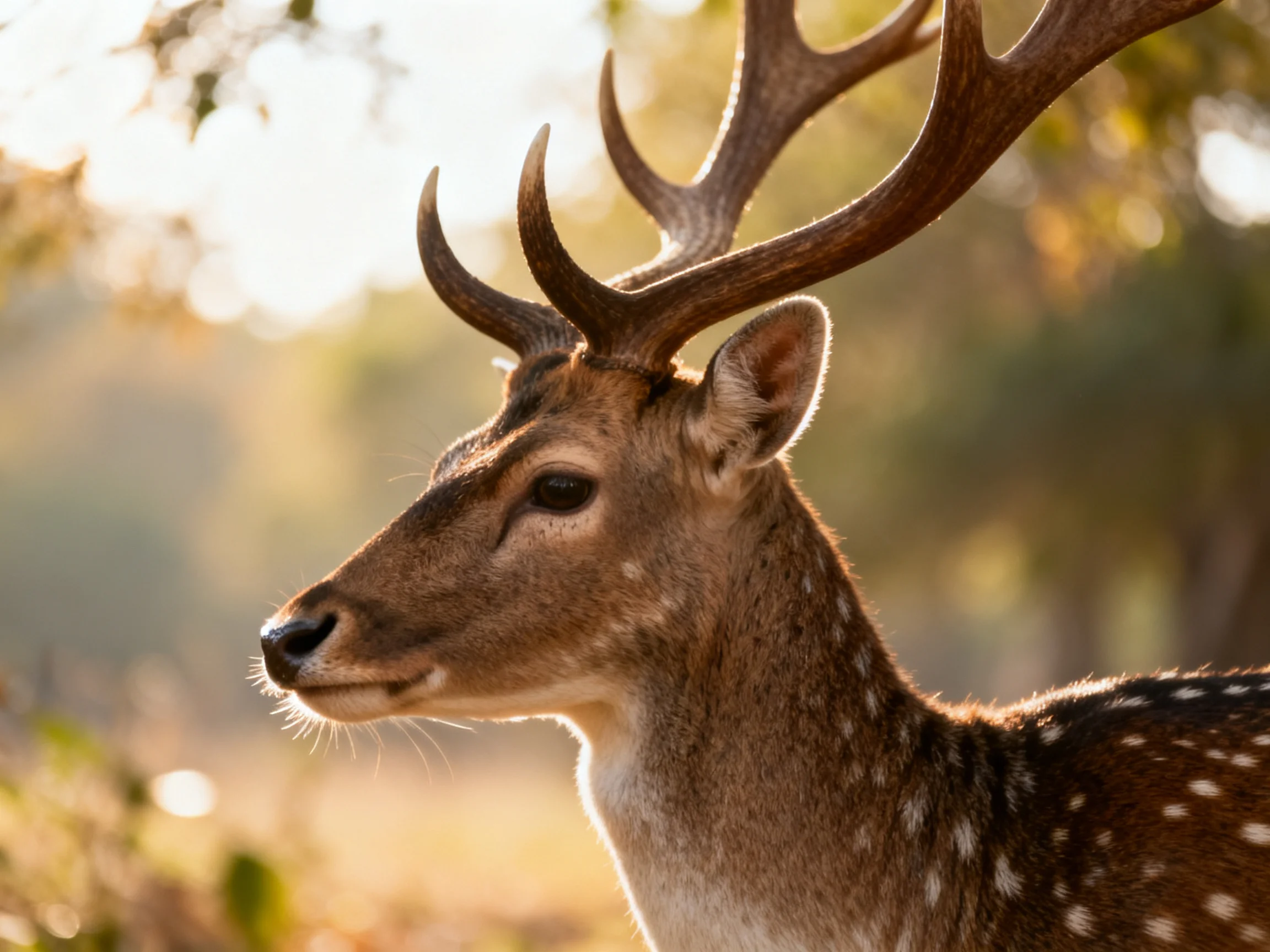 A spotted deer with large antlers in a sunlit forest